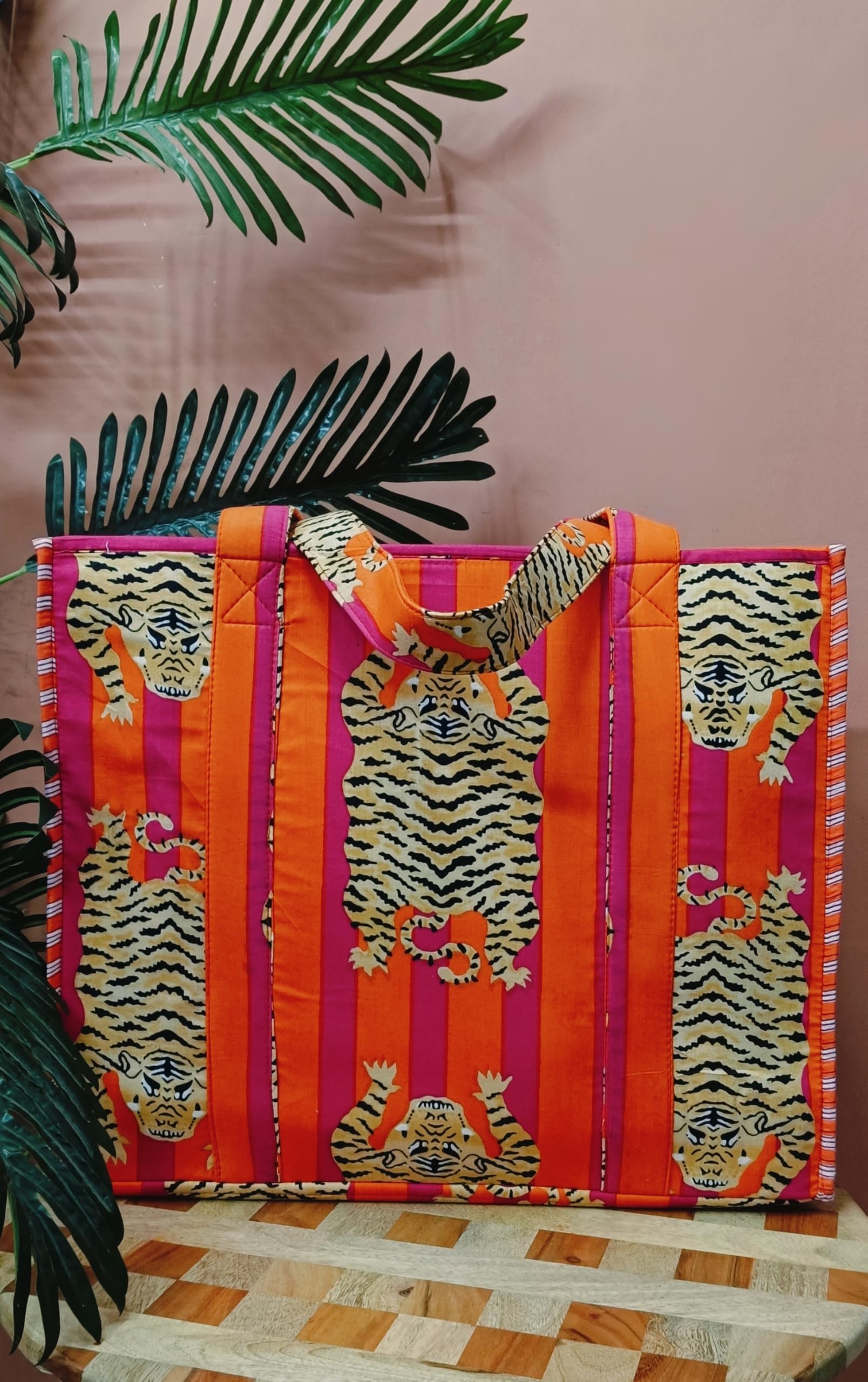 HOUSE OF GULAB Pink Orange Cotton Tote Bag Reusable Shopping Bag Printed Canvas Cloth Carry Bag with Long Handle for Women & Men Eco Friendly Grocery Storage Travel Bag 15x18 Inch (Pink & Orange)