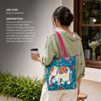 Chumbak Regal Elephant Tote Bag – Canvas Shoulder Bag for Women with Zipper Closure, Teal Ethnic Print, Stylish Office & Travel Handbag