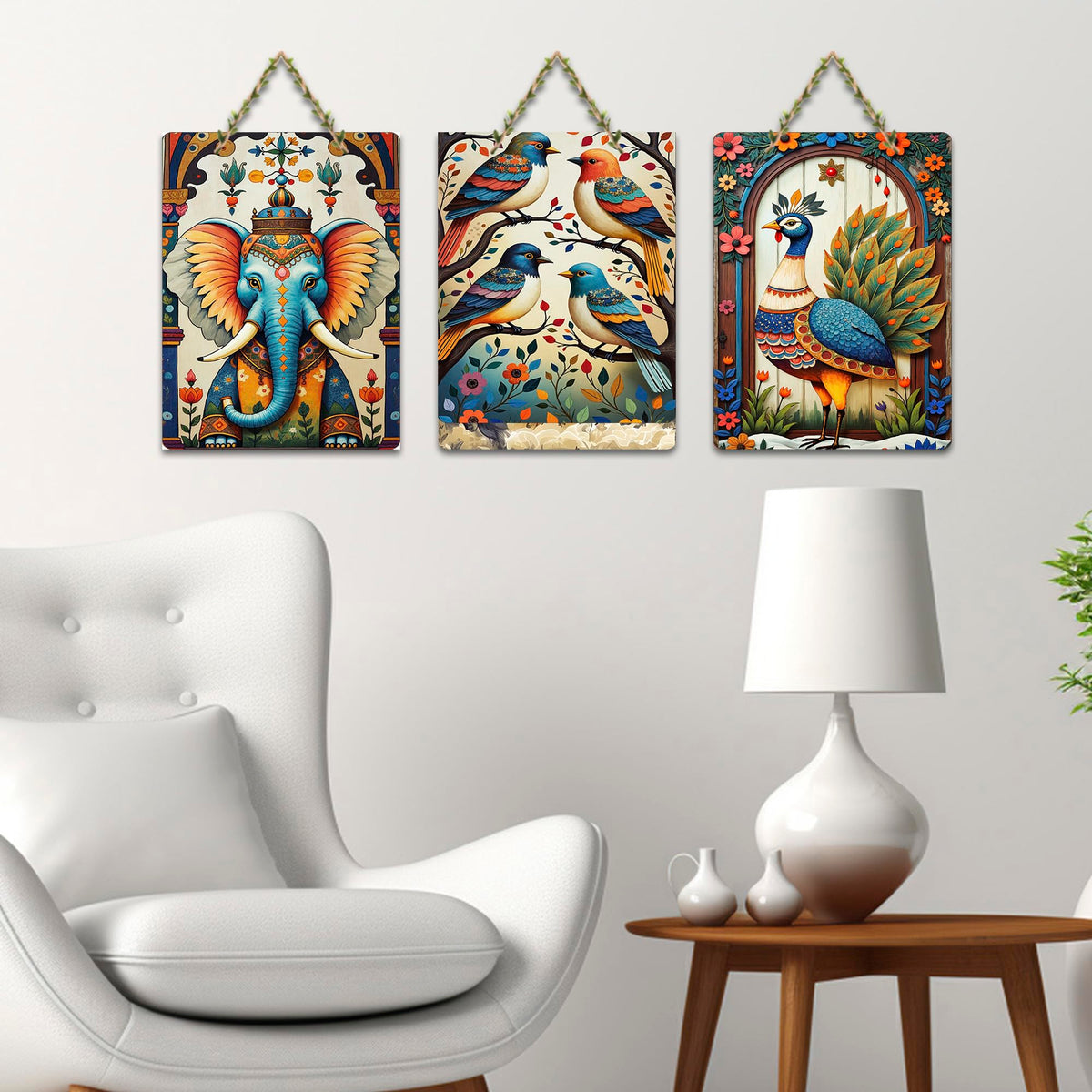 Artvibes Aesthetic Elephant With Birds & Floral Peacock Home Art For Wall Hanging | Garden Balcony| Stylish Modern Decor Item | Trendy Decor | Wall Illustrations | Gift Items (WH_9628N), Set of 3