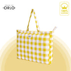 HOUSE OF ORLO Women's Cotton Quilted Bag Check Design Aesthetic Tote Bags with Zipper and Double handles, Daily use handbags for college, travel, work (Yellow - White)