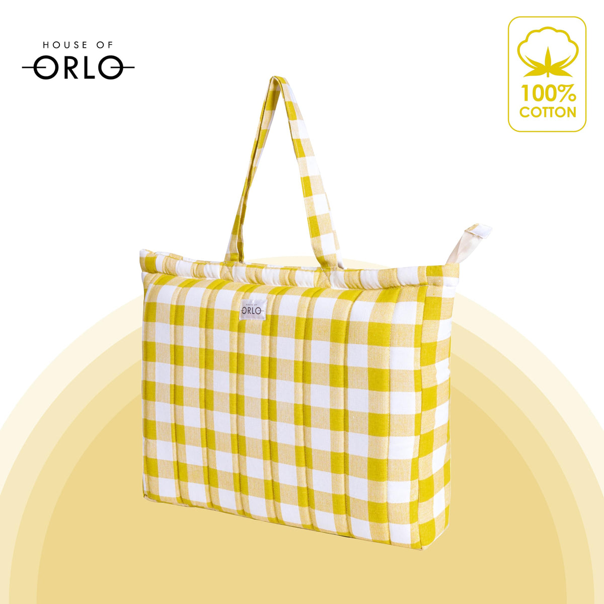 HOUSE OF ORLO Women's Cotton Quilted Bag Check Design Aesthetic Tote Bags with Zipper and Double handles, Daily use handbags for college, travel, work (Yellow - White)