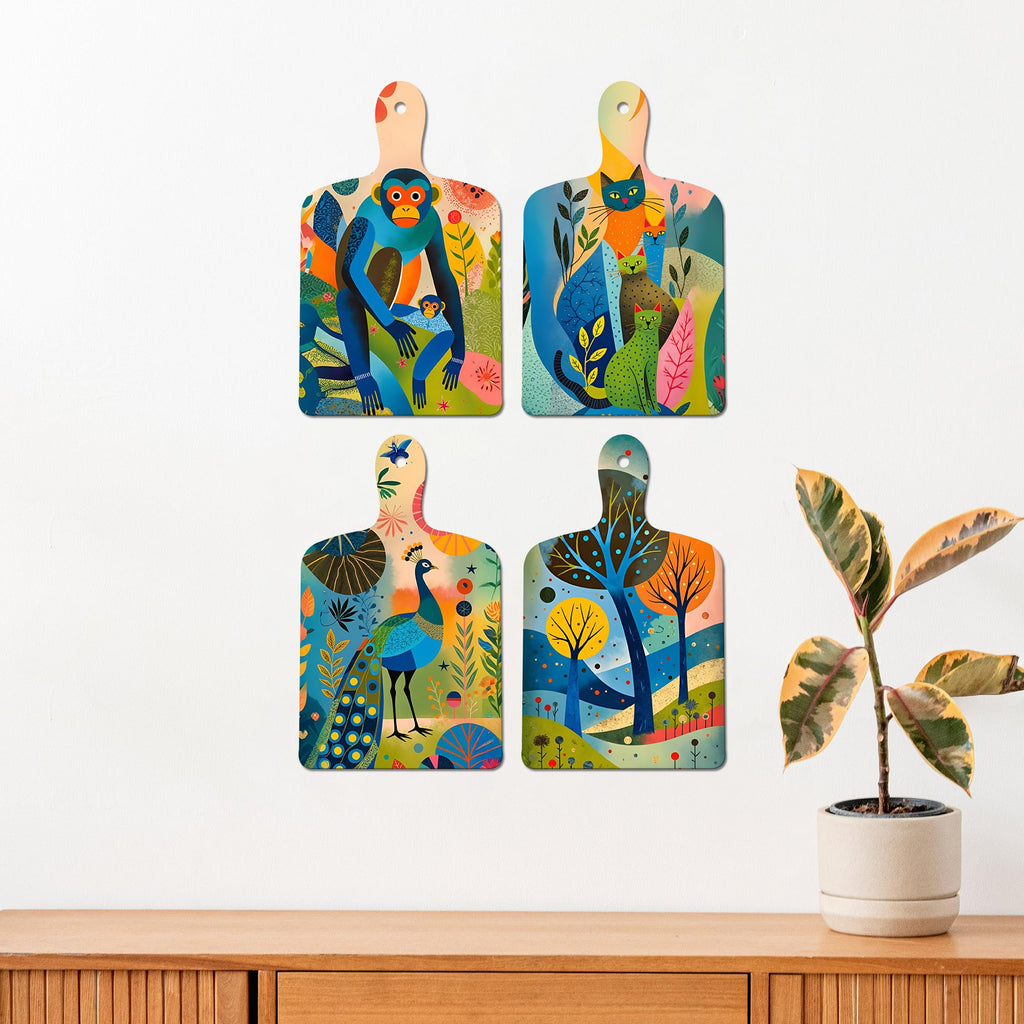 Artvibes Artistic Monkey Cat & Nature Decorative MDF Wooden Wall Art for Home | Wall Sculpture | Signs & Plaques | Handcrafted Art | Wall Illustrations | Art For Wall | Gift Items (WH_5660N), Set of 4
