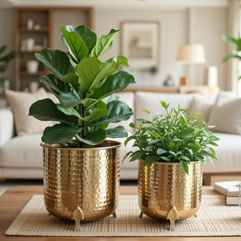 BEHOMA Metal Hammered Planter for Home Decor, Golden - Set of 2