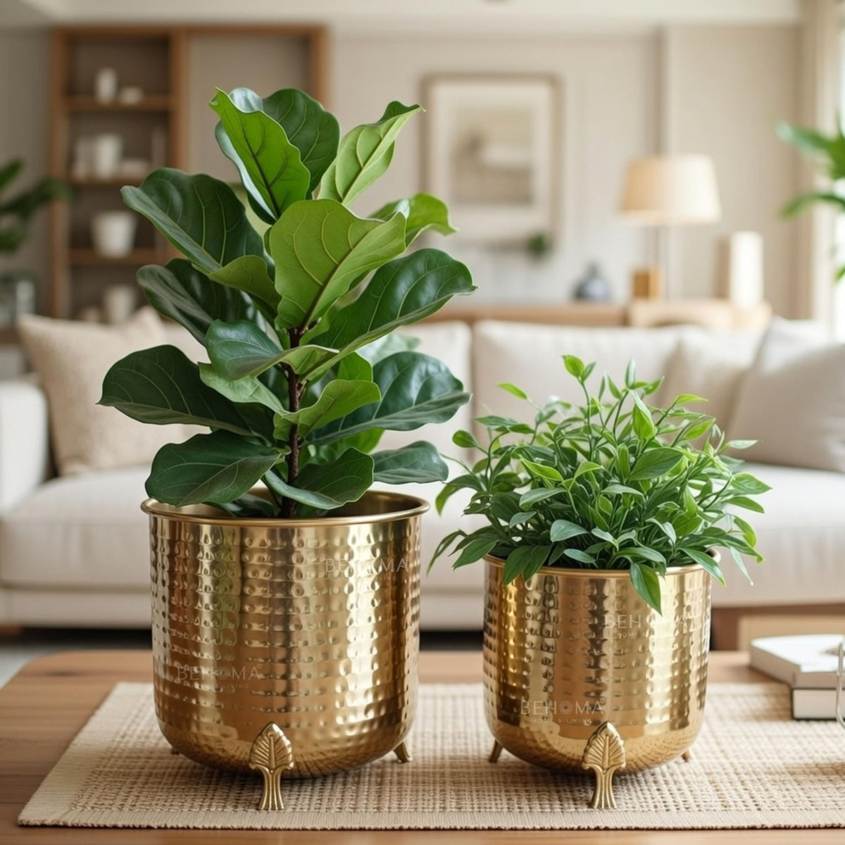 BEHOMA Metal Hammered Planter for Home Decor, Golden - Set of 2