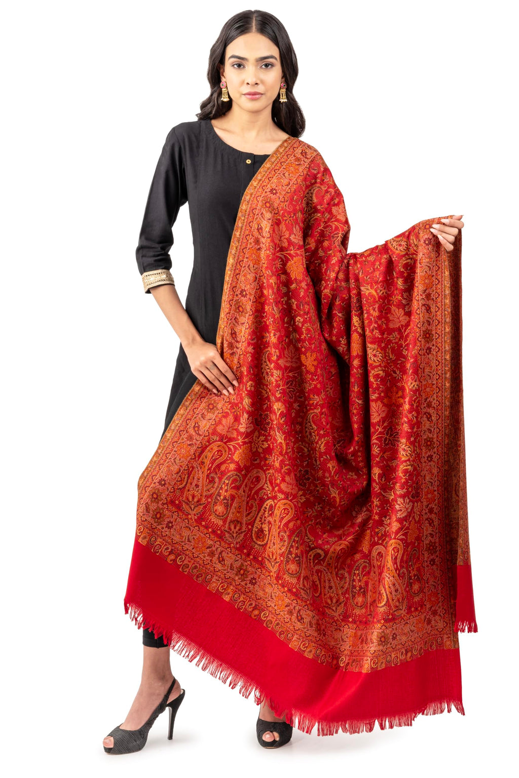 Naureen Women Faux Pashmina Kashmiri Jamawar Shawl, Warm and Soft, 40x80 inch (Maroon)
