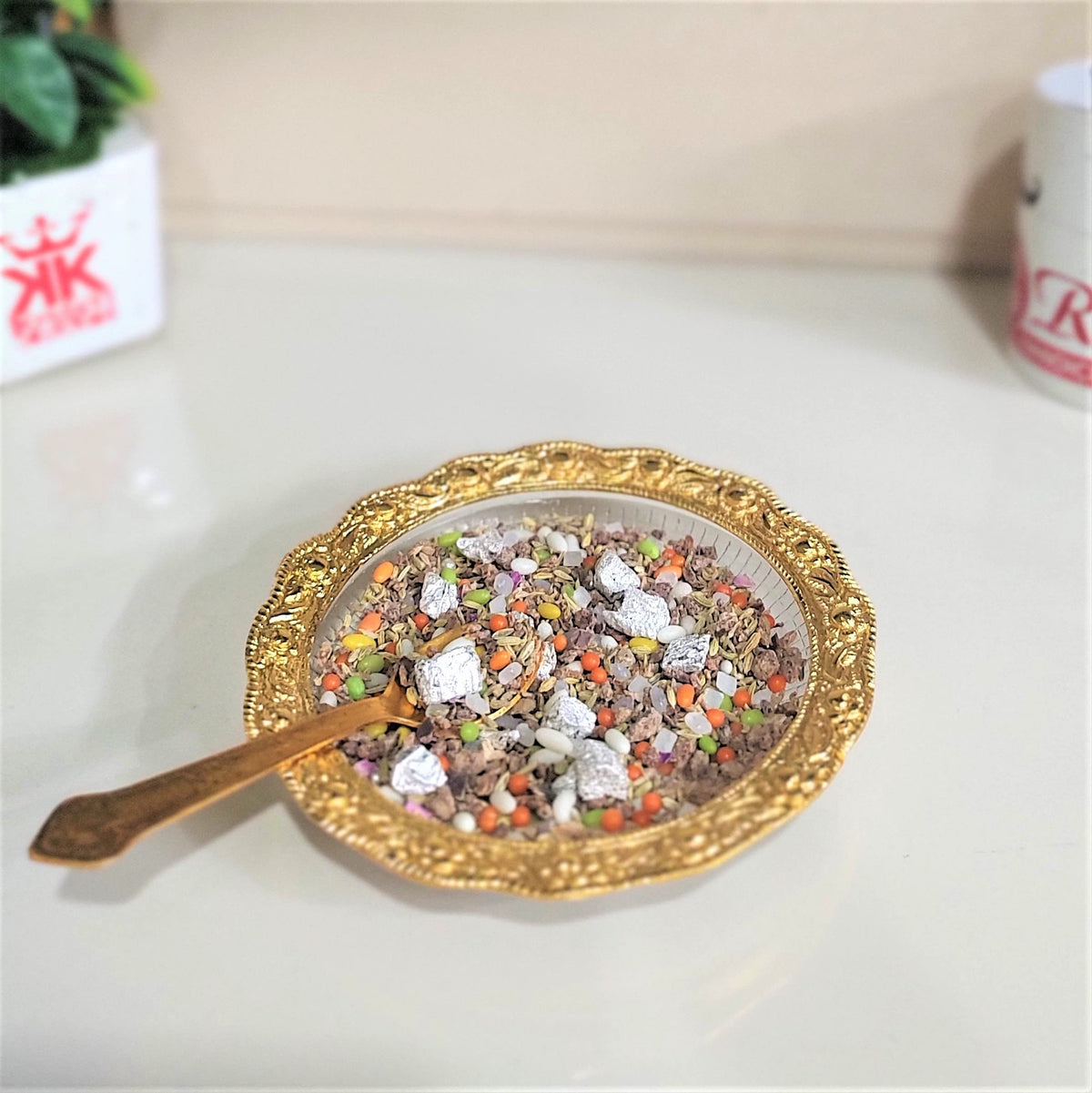 KridayKraft Glass Plate Mukhwas Tray,Saunf Supari Candy,Dry Fruit and Sweets Serving Tray in Traditional Design Metal (Pack of- 1 Glass Tray,1 Spoon)...