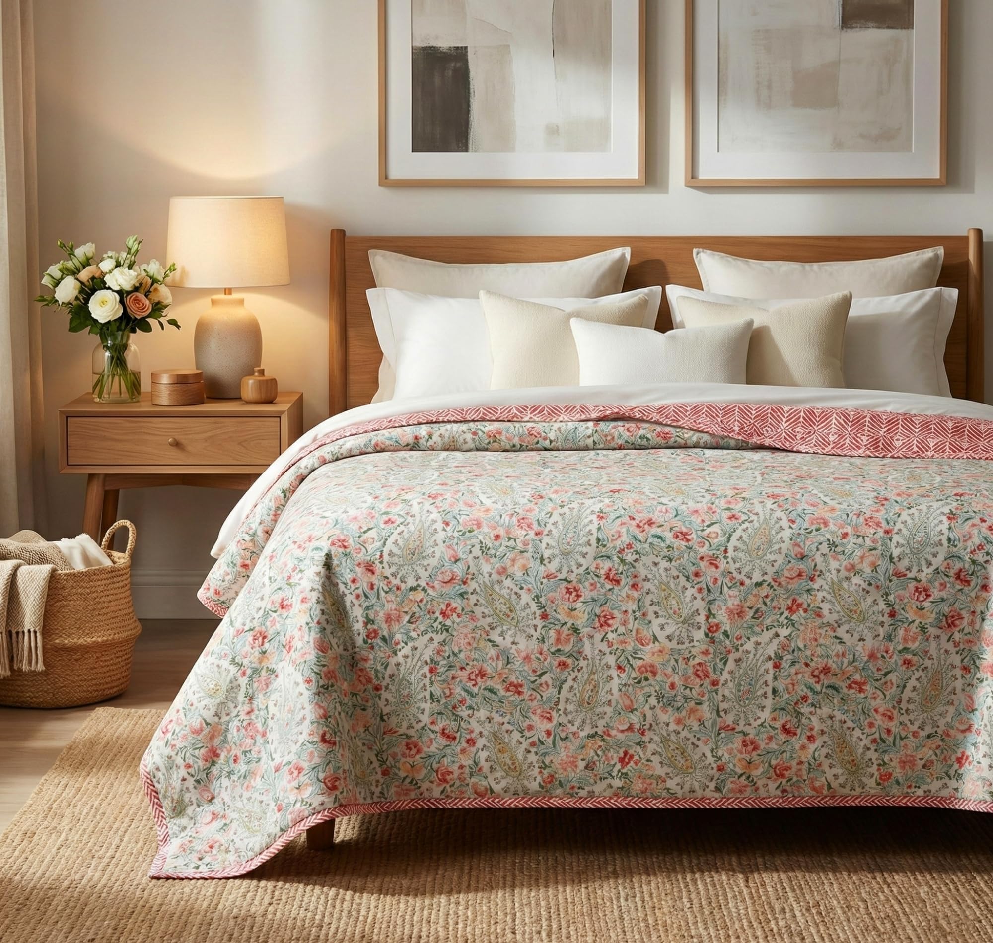 HOMEKART Cotton AC Blanket for Single Bed (152 x 225 cm) | Reversible Soft Lightweight All-Season Blanket | Skin-Friendly & Breathable Comforter (Petal Symphony) Kafalo