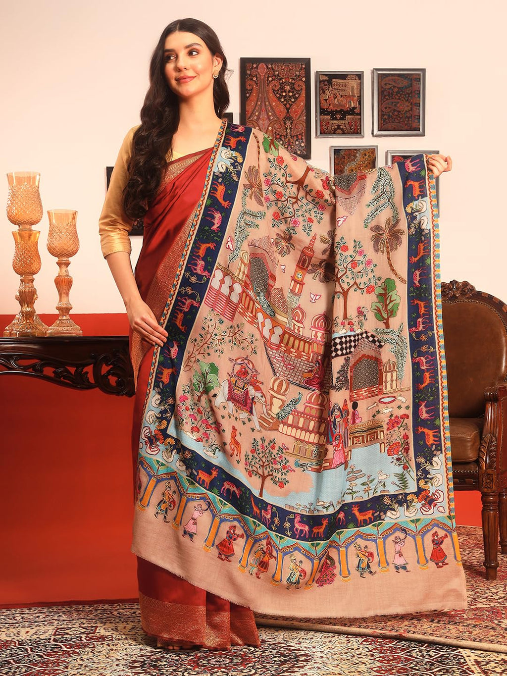Pashmoda Women Mughal Bagh 100% Pure Wool Fabric Kalamkari Embroidered Shawl (Size: 40x80in, 101x203cm) KAS22