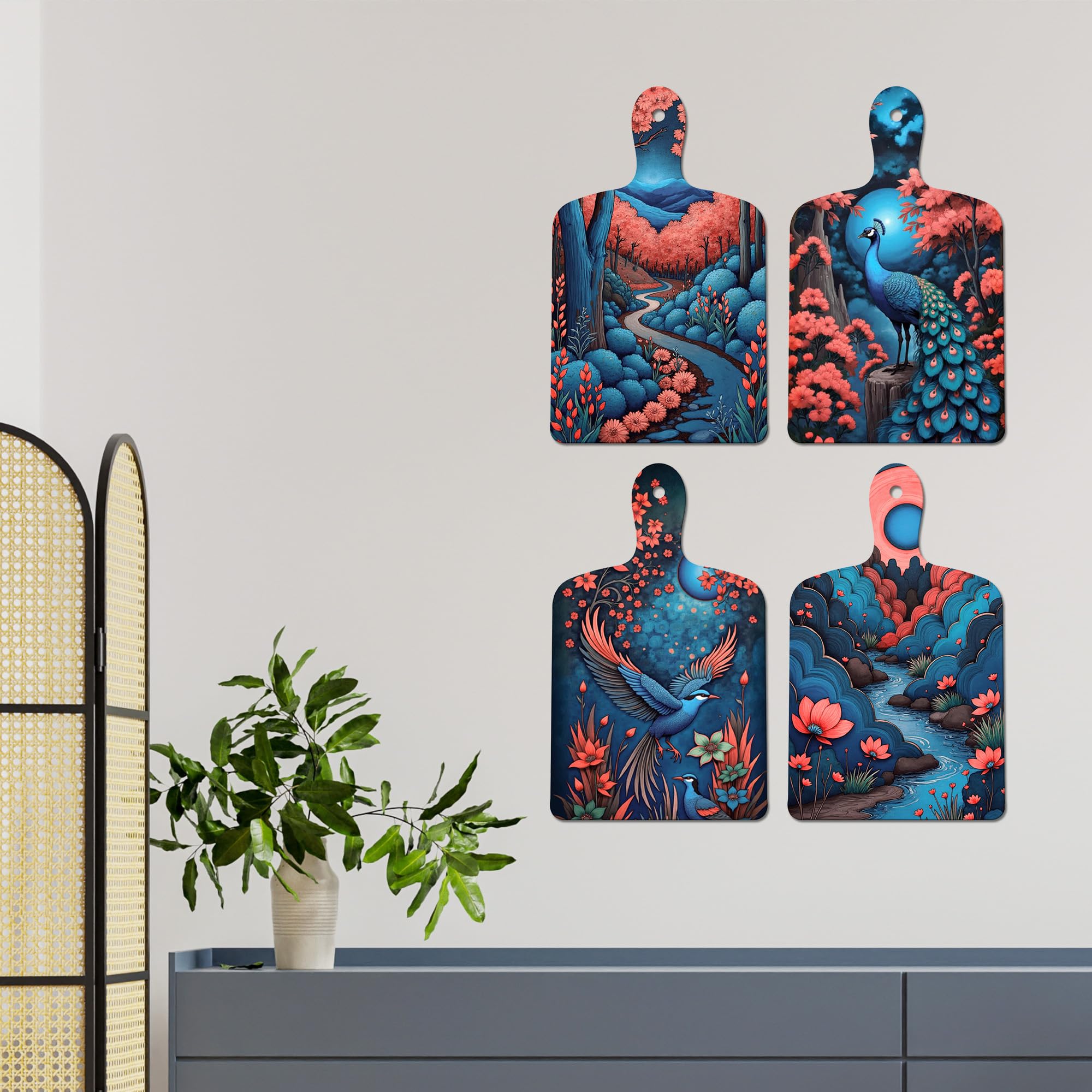 Artvibes Colorful Peacock & Bird Art Wooden Art Decoration Item for Home | Living Room | Office | Cafe | Painting Wall Decor | Wall Poster | Door Hanging Art Items | Unique Gift (WH_5650N), Set of 4