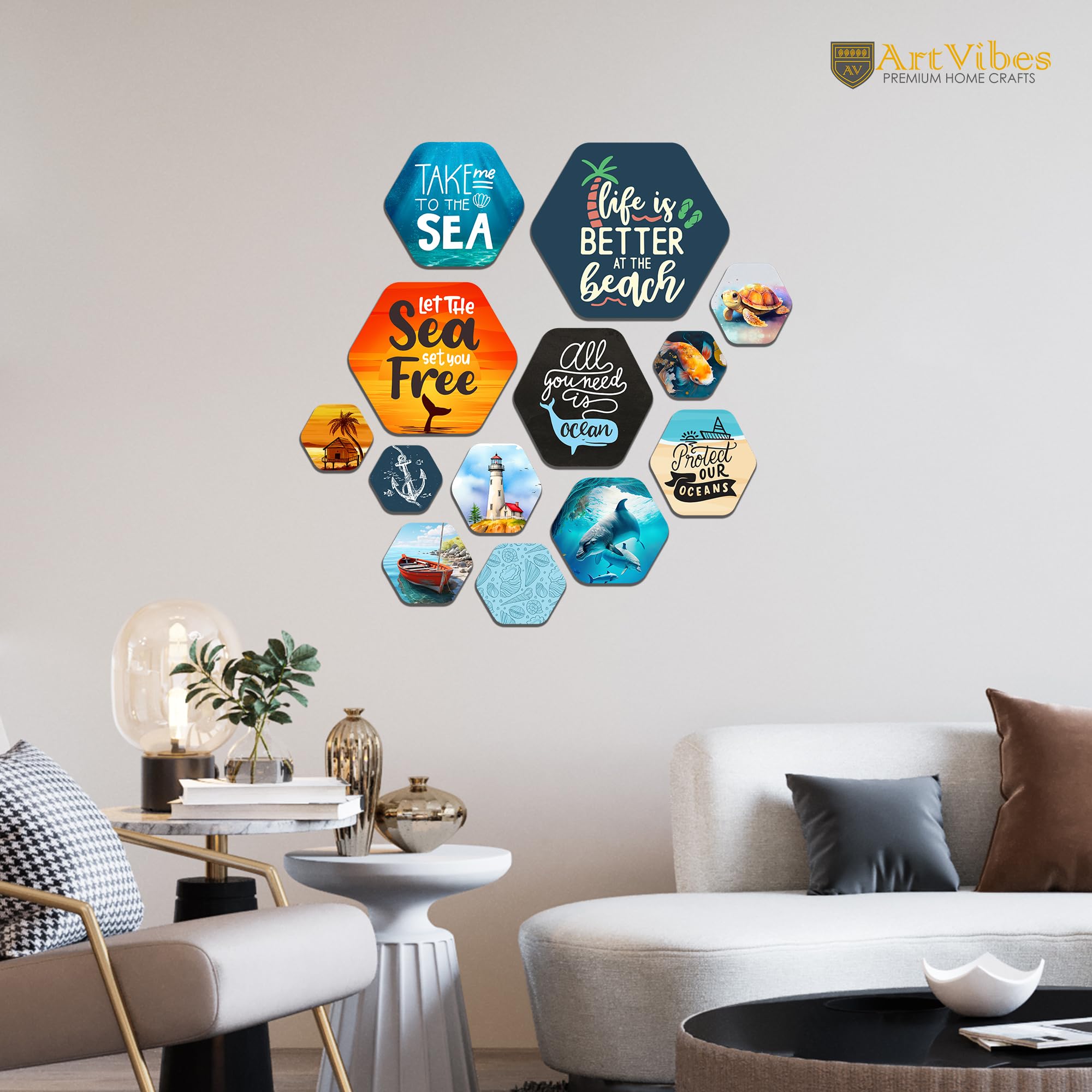 Artvibes Life is Better at the Beach Hexagon Shape MDF Wooden Wall Decor Items | Quotes Decor Item | Traveller Quotes Wall Art | Wall Illustrations | Home Decor | Unique Gift (WPS_213N), Set of 13