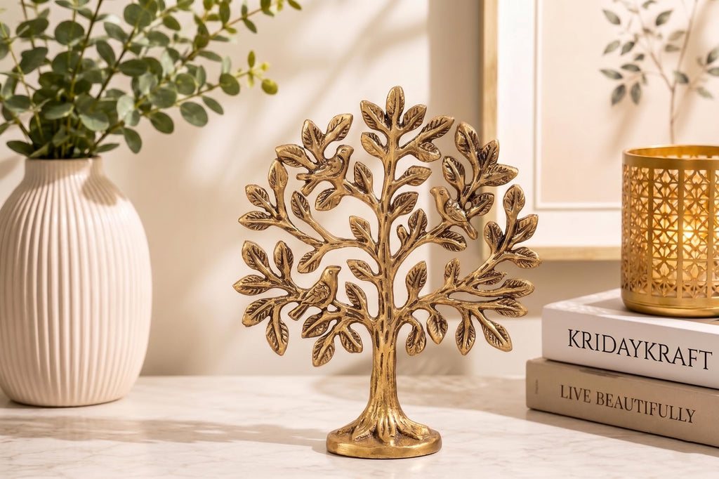 KridayKraft Kalpavriksha Tree of Life Showpiece with Birds, 15 cm Golden Metal Kalpvriksh for Home Mandir, Vastu, Office Table, Housewarming & Diwali Gift