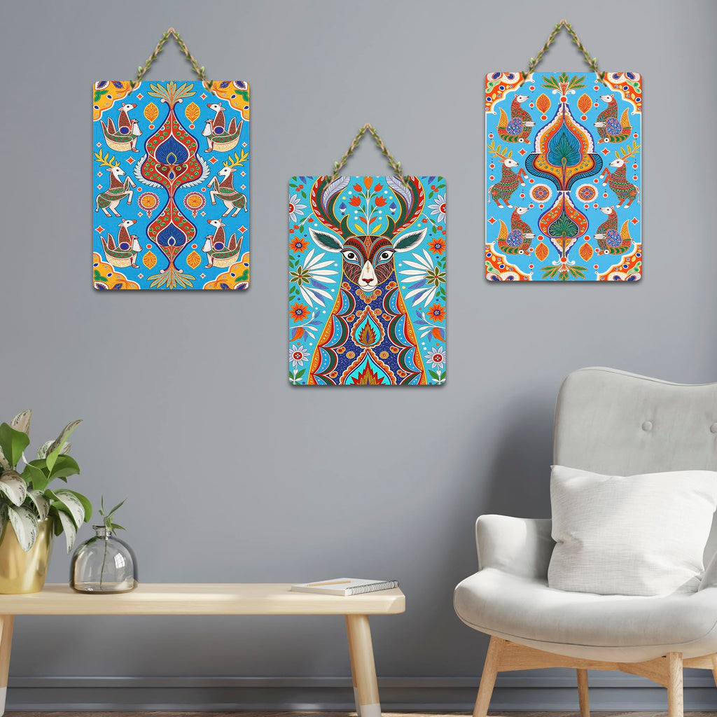 Artvibes Nature Theme Artwork Decorative Wall Art MDF Wooden Wall Hanger for Home | Room Decoration | Handcrafted Art | Wall Art Print | Artworks Hangings | Unique Gift Items (WH_96119N), Set of 3