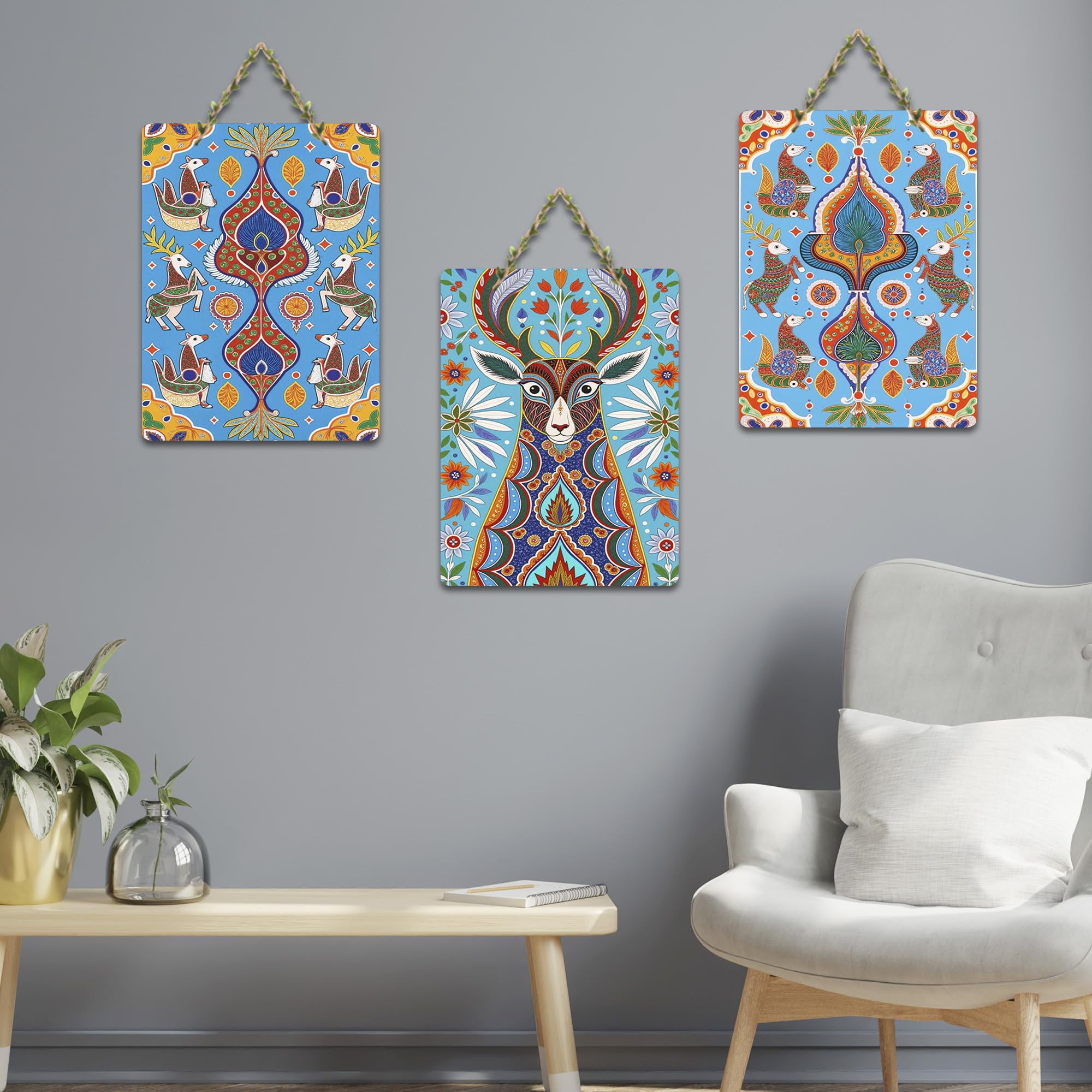Artvibes Nature Theme Artwork Decorative Wall Art MDF Wooden Wall Hanger for Home | Room Decoration | Handcrafted Art | Wall Art Print | Artworks Hangings | Unique Gift Items (WH_96119N), Set of 3