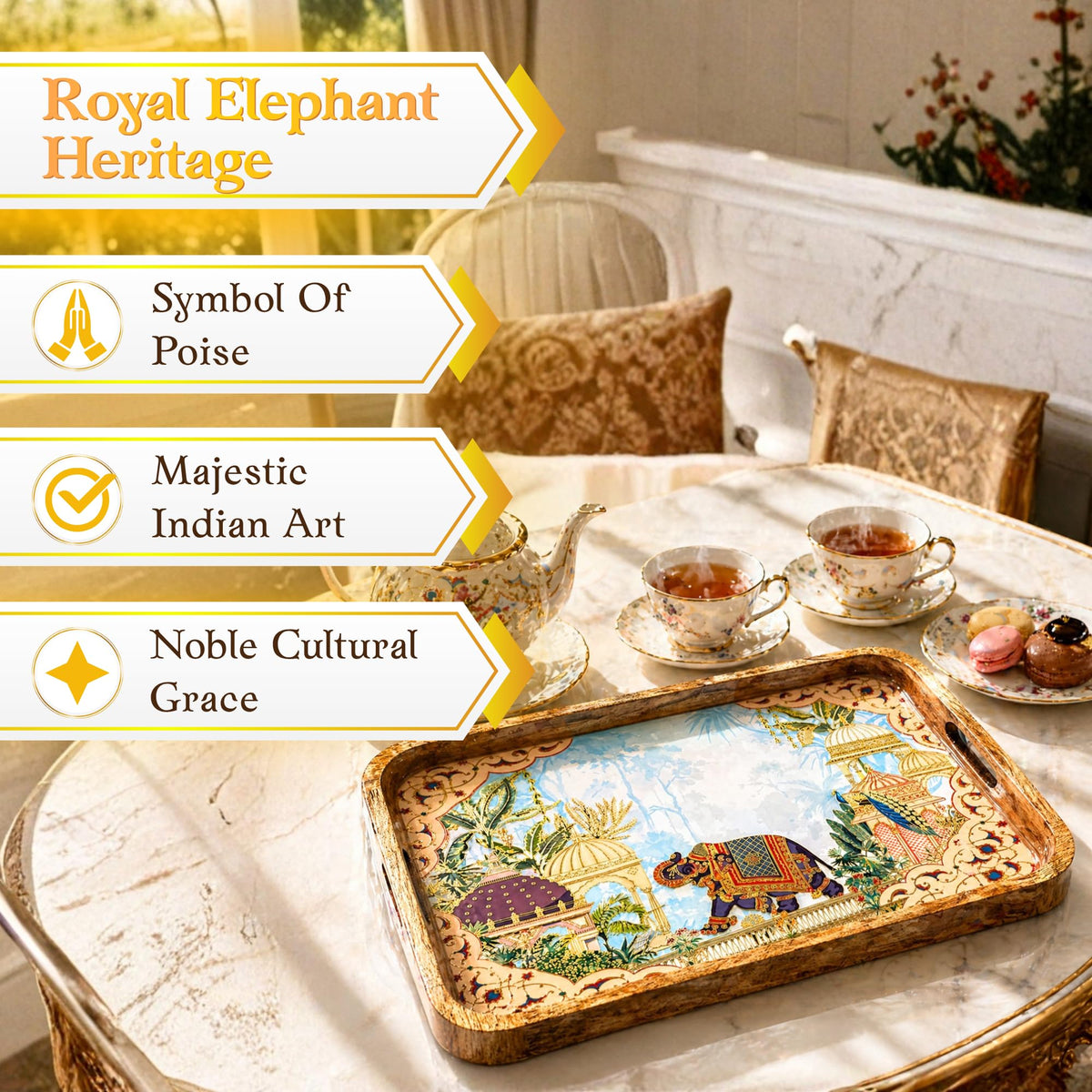 Pavitra Uphaar Elegant Wooden Serving Tray, Elephant Art, Waterproof Enamel Finish, with Easy Grip Handles (Large)