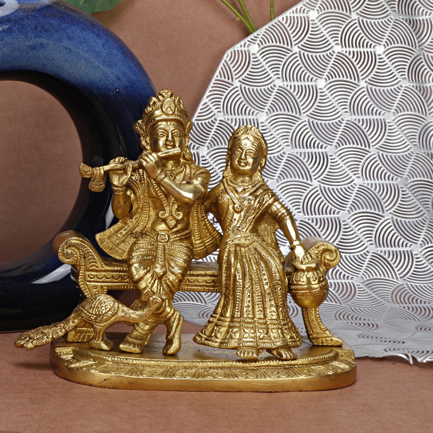 ARTVARKO Brass Radha Krishna Playing Flute Sitting on Couch with Peacock Statue Radha Krishan Ji Murti Temple Puja Office Home Décor Showpiece Gift 7 Inch.