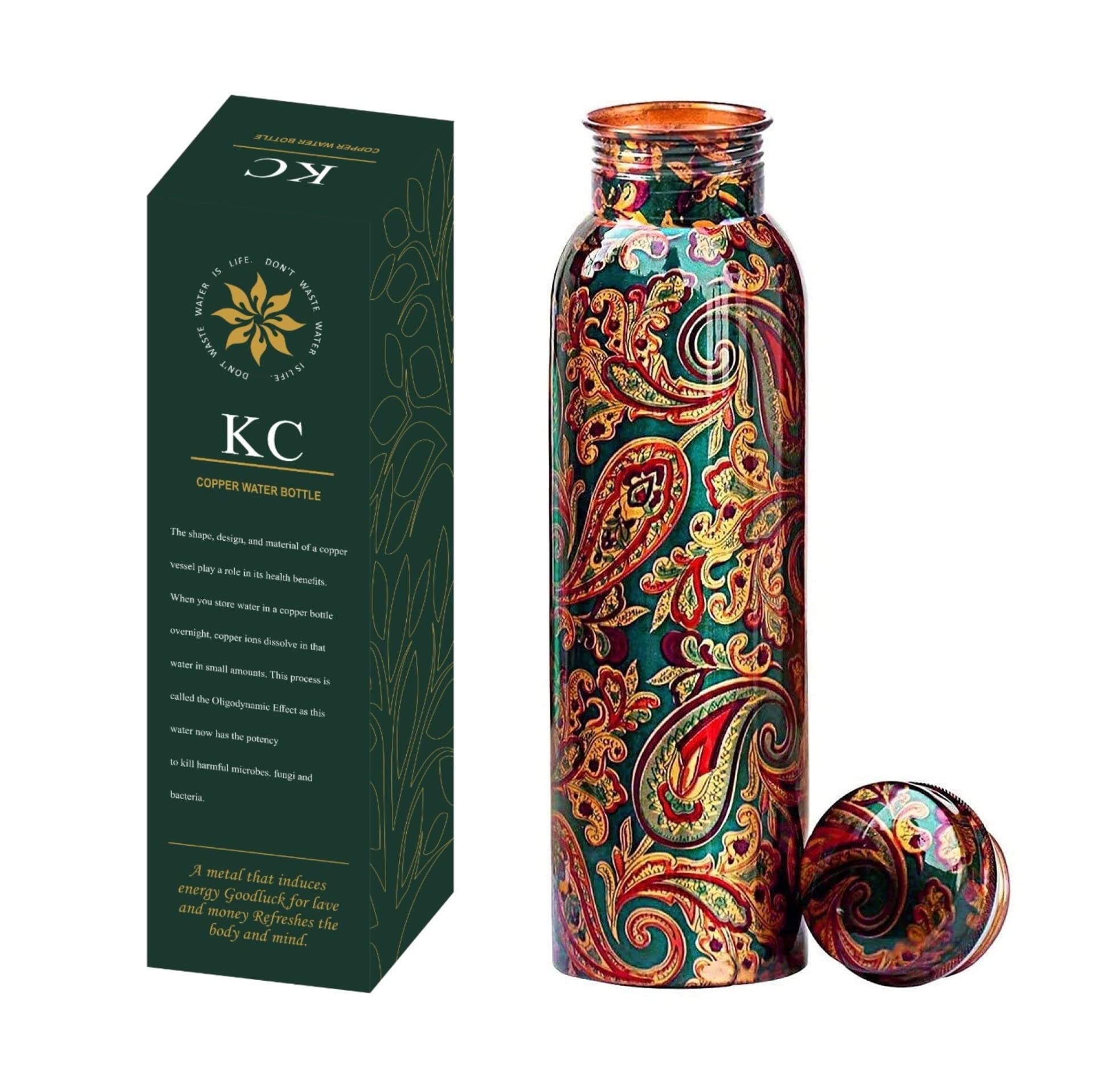 KC Pure Copper Designer Water Bottle with Leak Proof Protection, Ayurveda and Yoga Health Benefits (1000ml, 1Unit) With Lacqure Coating