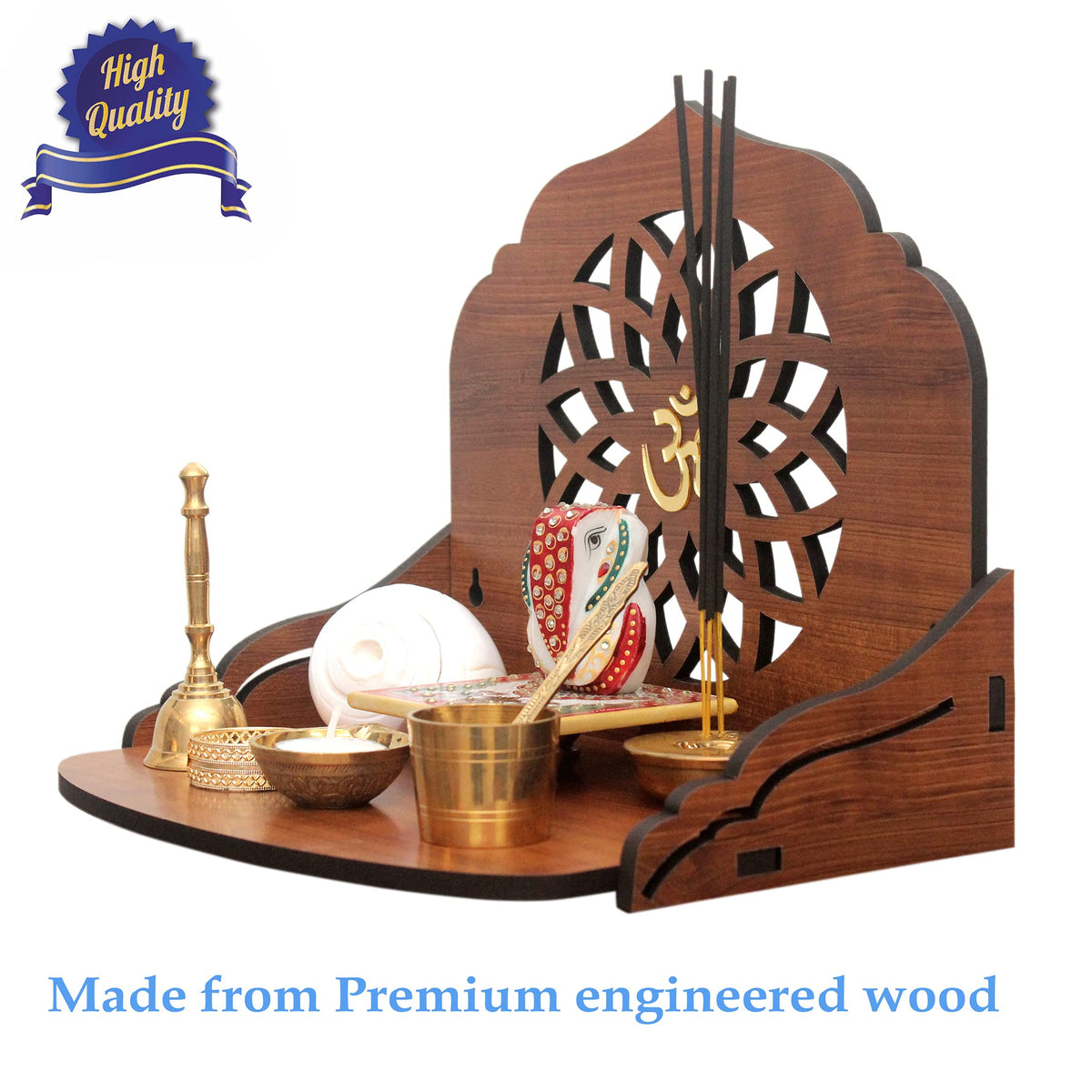 Cosmic String Enterprise LLP Mandala Design Wall Mounted Glossy Wooden Home Temple (Height- 9.92, Length- 12 , Width-8.85 Inch, Golden Teak)