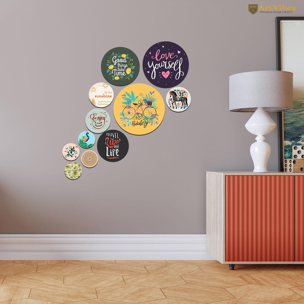 Artvibes Travel & Live Your Life Decorative Round Shape MDF Wooden Wall Hanging | Quotes Decor Item | Traveller Quotes Wall Art | Wall Illustrations | Home Decor | Unique Gift (WPS_141NN), Set of 11