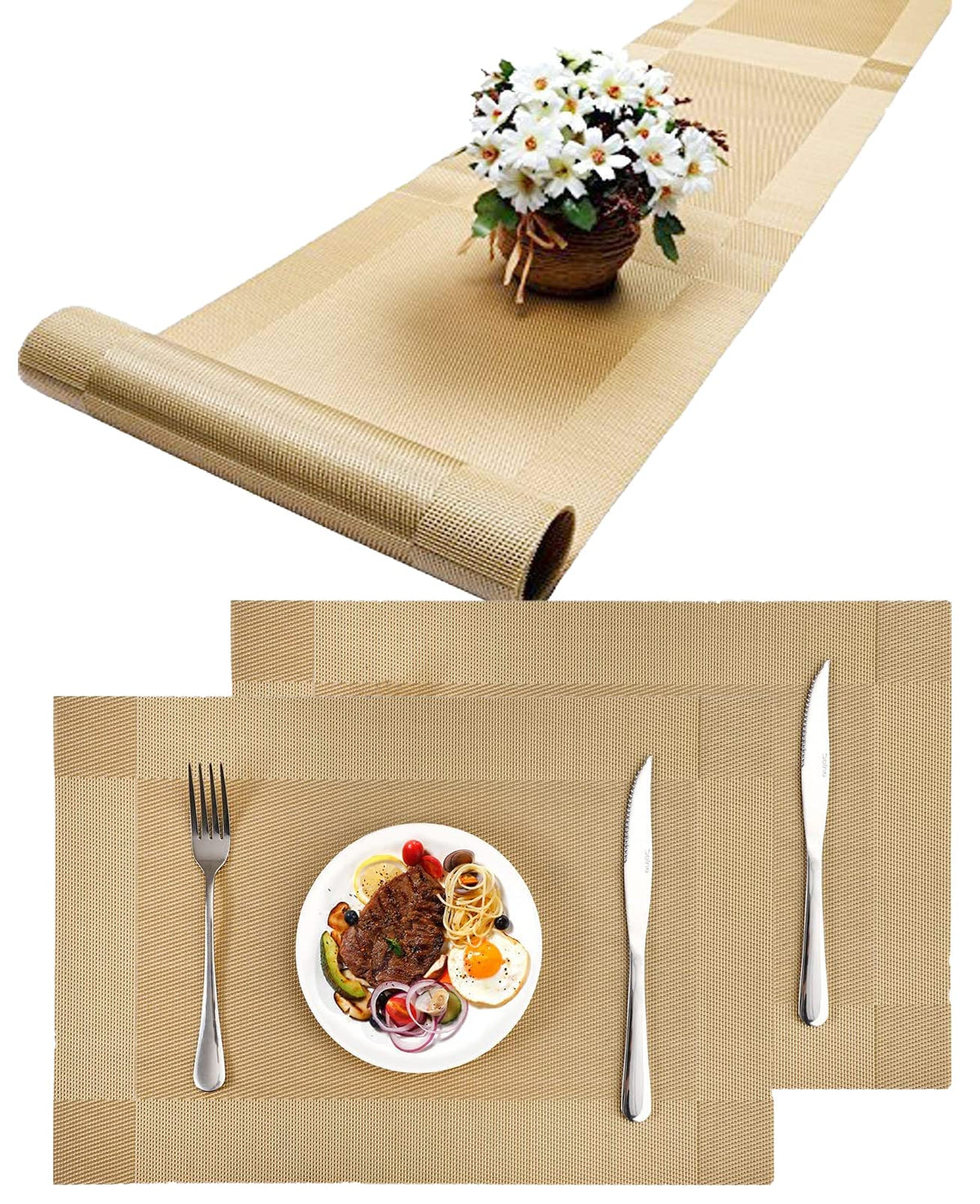 WOODTULA Placemats with Table Runner Sets - Washable Kitchen Tablemat - Table Mats for Dining Table - Non-Slip Placemat - Table Runner (2-Piece Placemat, 1-Piece Runner, Gold) Kafalo