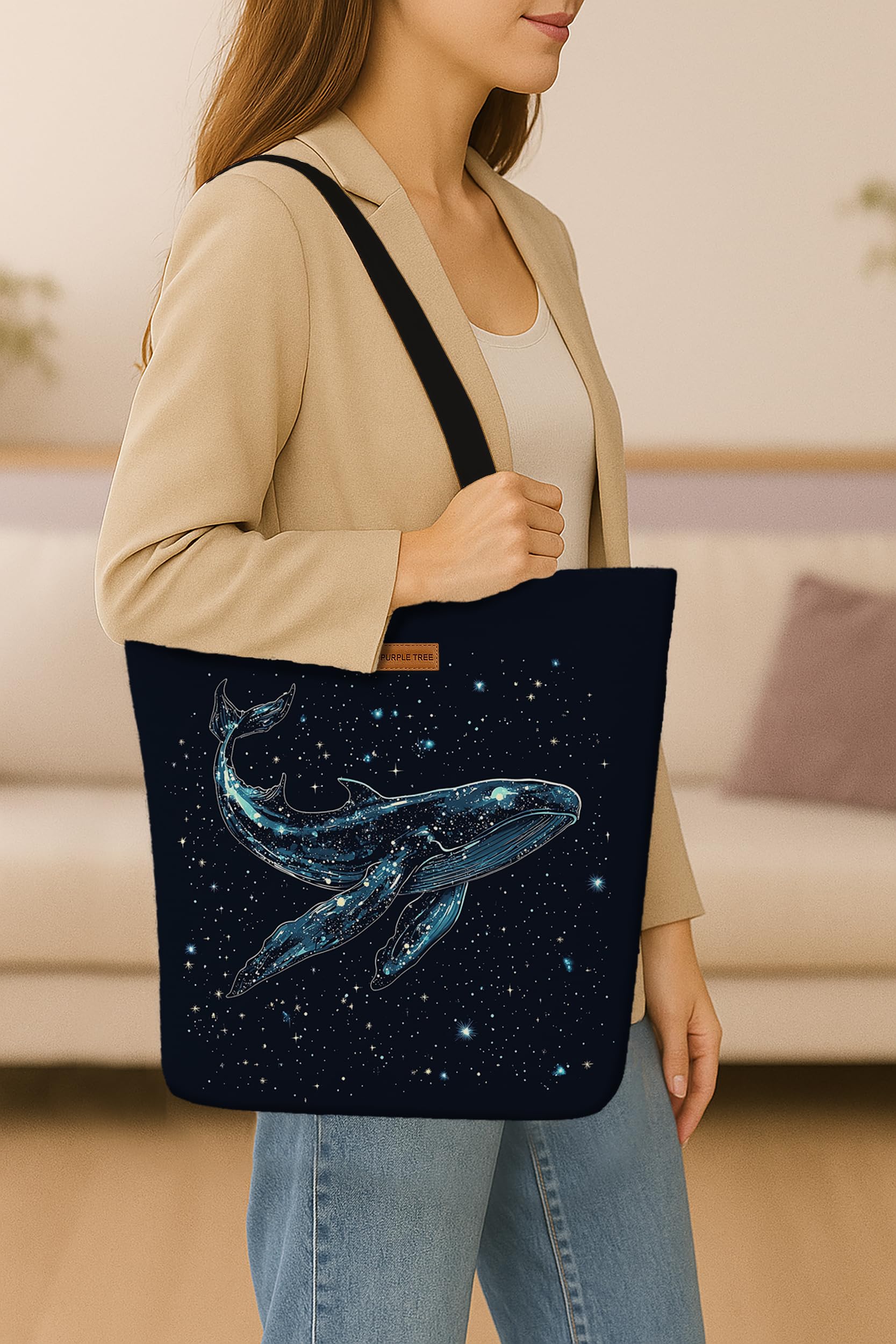 The Purple Tree Eco-Friendly Canvas Tote Bag, Sustainable, Reusable Shopping, Beach, Travel or Everyday Tote, Wide Tote Bag, Cosmic Whale