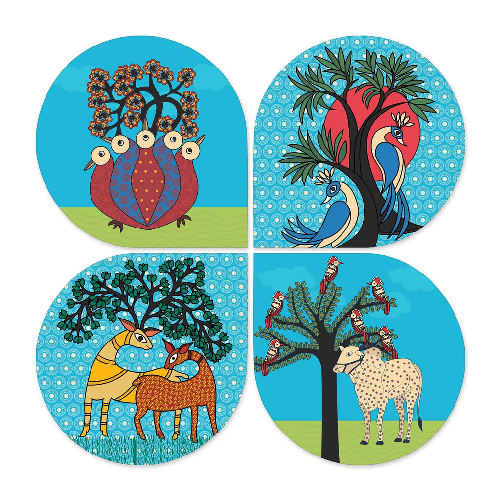 Artvibes Folk Art Decorative Wall Hanging Ornaments | Modern Decoration Items | Living Room | Bedroom | Office | Art Print | Aesthetic Wooden Decor | Handcrafted Art | Ideal Gifts (WH_8428N), Set of 4