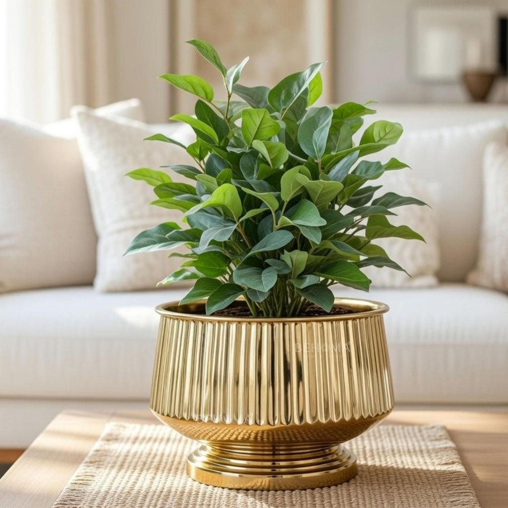 BEHOMA Golden Fluted Pedestal Bowl Planter