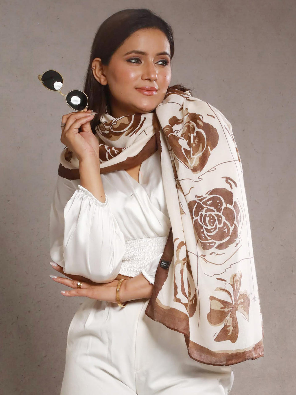 CrossKulture Offwhite Beige Brown Viscose Scarf | Lightweight & Long Stole - Stylish Design | Neck & Head Scarf for Women & Girls | All Season Accessory