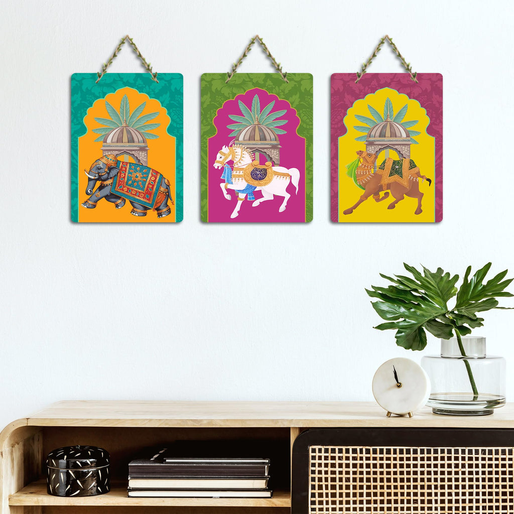 Artvibes Ancient Royal Rides Kalamkari Art Wooden Wall Hanging for Home Decor | Living Room | Wall Art Paintings | Wall Poster | Graphic Art | Artworks Hangings | Ideal Gifts (WH_96154N), Set of 3