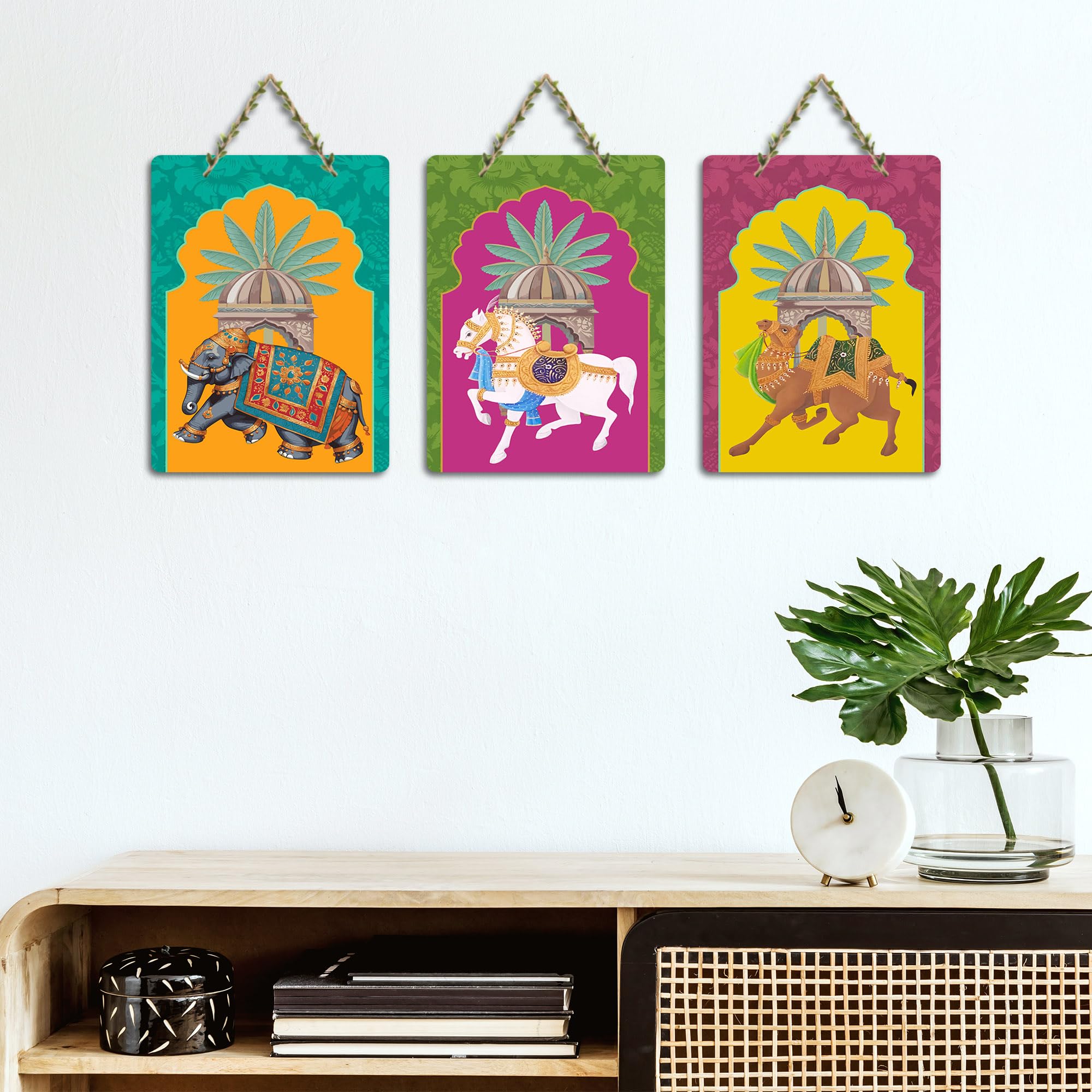 Artvibes Ancient Royal Rides Kalamkari Art Wooden Wall Hanging for Home Decor | Living Room | Wall Art Paintings | Wall Poster | Graphic Art | Artworks Hangings | Ideal Gifts (WH_96154N), Set of 3