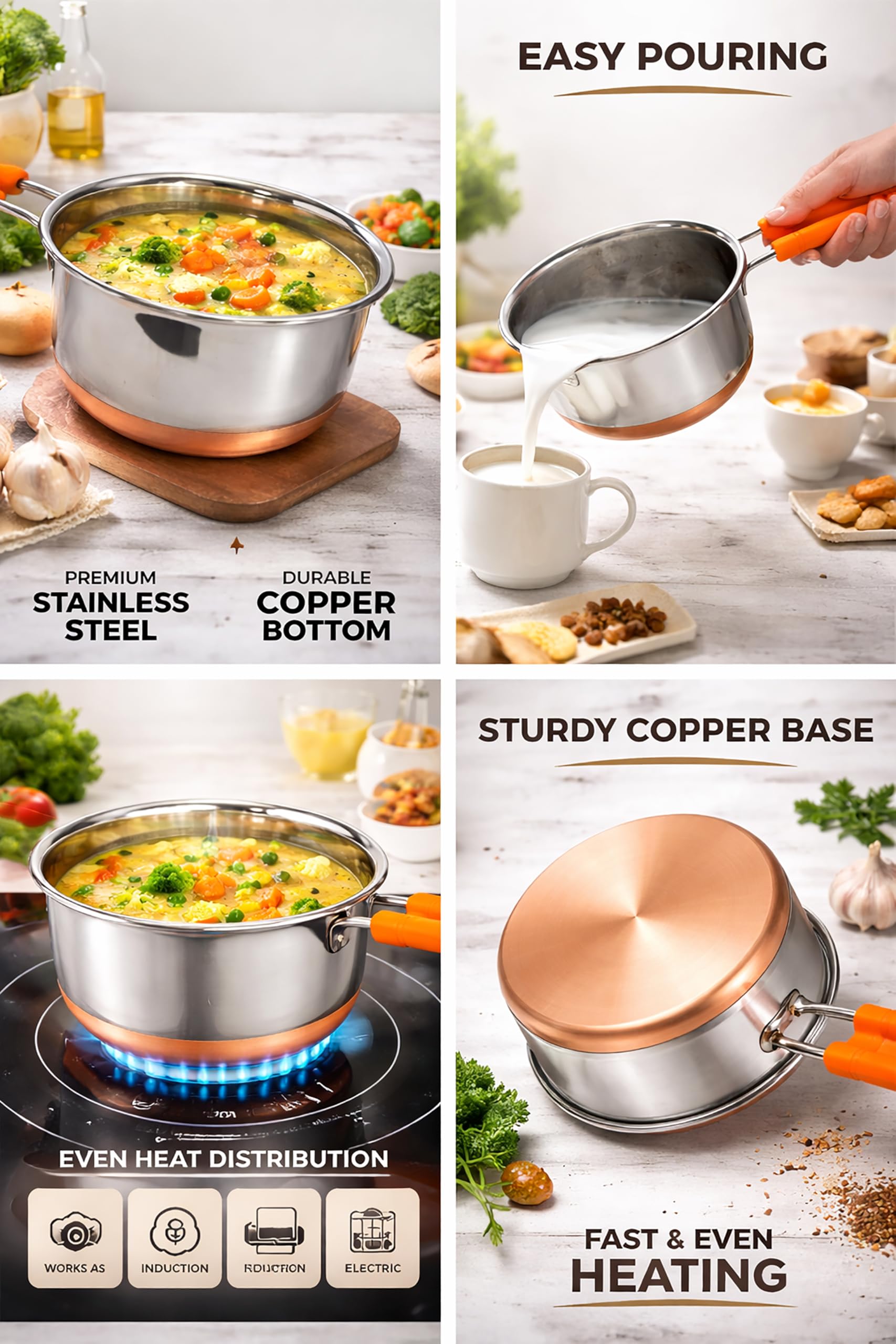 Stainless Steel 2500 ml Sauce Pan with Gas Stove Friendly Heavy Guage Copper Bottom Base Tea Pot, Tapeli, Patila & Milk Boiler with Heat-Resistant Bacelite Wire Handle
