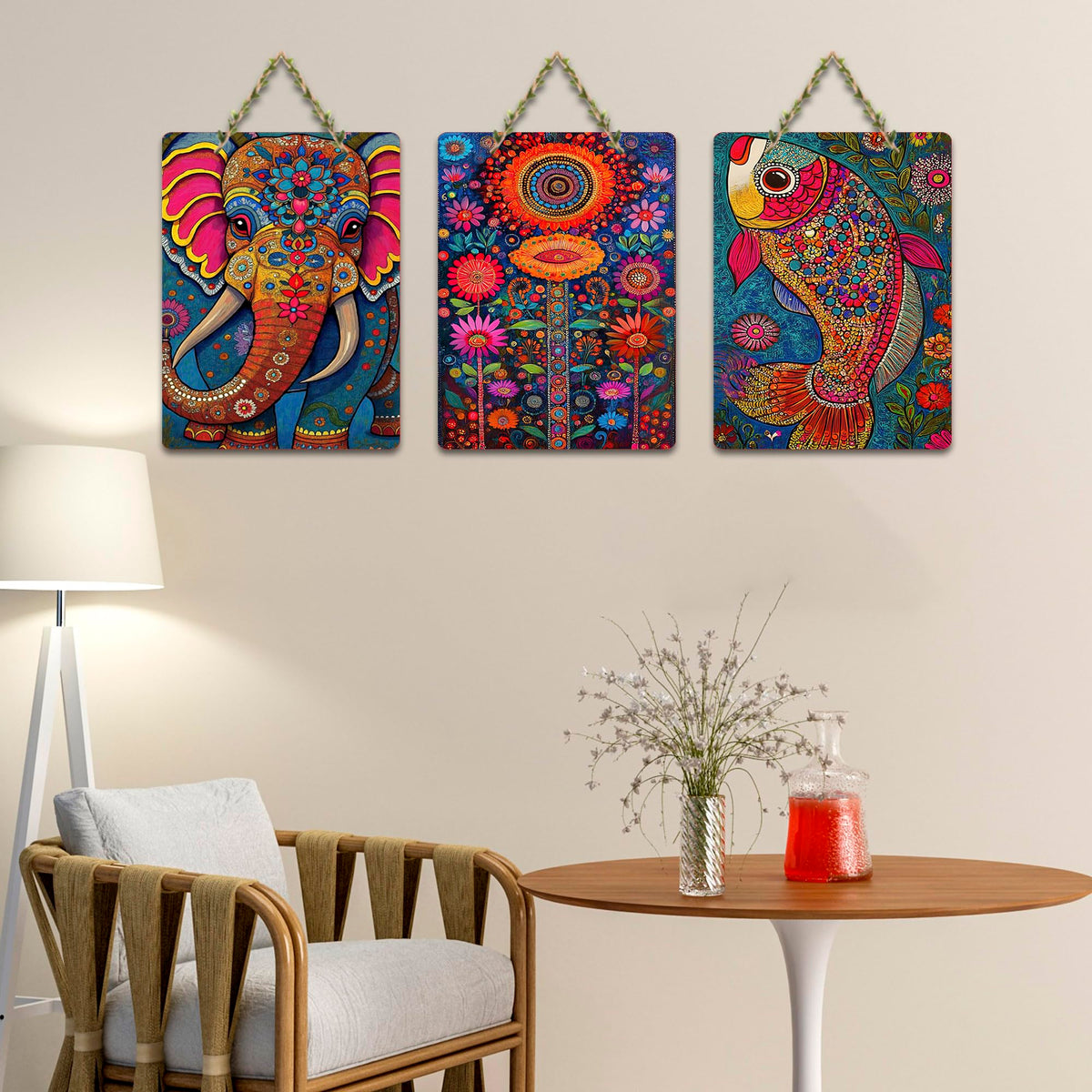 Artvibes Artistic Elephant & Fish Designer Modern Art Wooden Art Decoration Item for Home | Art For Wall | Wall Sculpture | Signs & Plaques | Aesthetic Wooden Decor | Ideal Gifts (WH_9623N), Set of 3