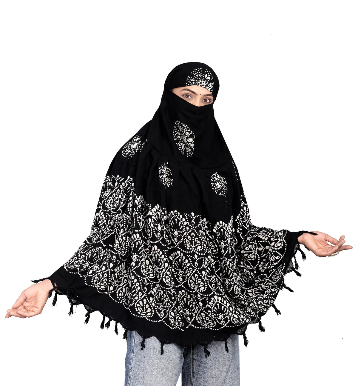 HETVIN Cotton Long Scarf Cum Mask Scarves Usable for Vehicle Driver | White Printed Design Fabric | Universal Size | Soft & Breathable Sun Protection | For Girl & Women (Wax Batik - Black)