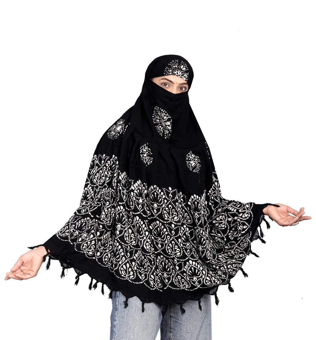 Hetzon Sales Cotton Long Scarf Cum Mask Scarves Usable for Vehicle Driver | Printed Design Fabric | Universal Size | For Girl & Women | Soft Sun Protection Light Weight (Wax Batik - Black)