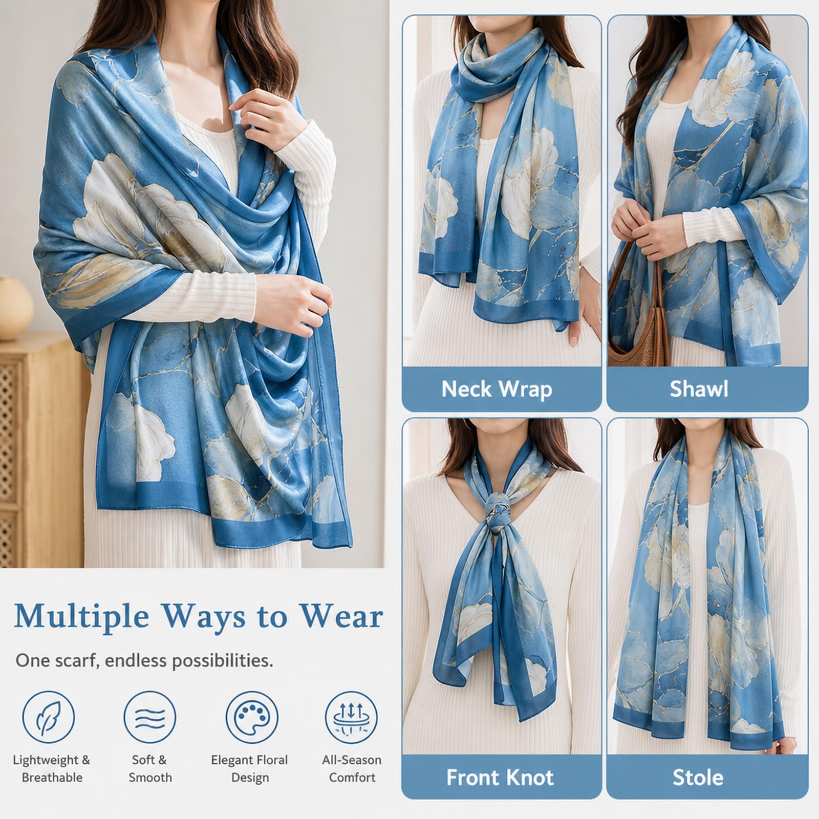 FVALIRD Stylish Scarf for Women Stylish, Long Lightweight Scarf, Floral Print Stole for Office and Travel, 90x180 cm
