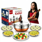 QSEC Stainless Steel 5 plate - 29 cm Idli Maker Multi Kadai with Copper Bottom, 5L Heavy Gauge Idli steamer set, 5 Plates (2 Idli, 2 Dhokla, 1 Momo & Patra Steamer ), Gas Stove , Food Grade, 2 Year Warranty