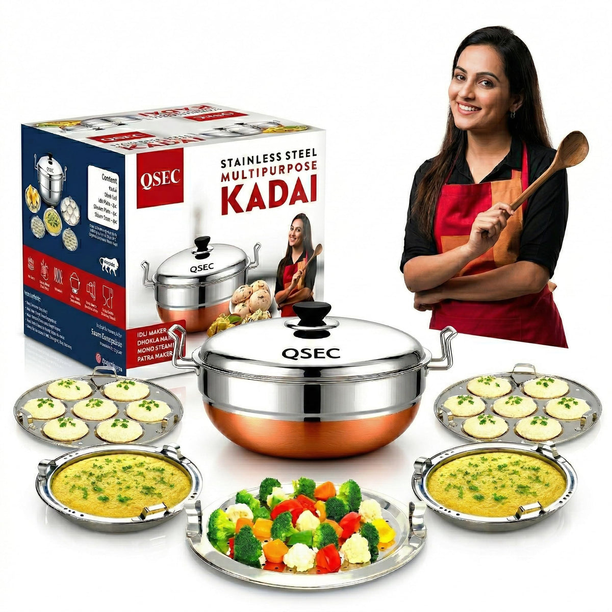 QSEC Stainless Steel 5 plate - 29 cm Idli Maker Multi Kadai with Copper Bottom, 5L Heavy Gauge Idli steamer set, 5 Plates (2 Idli, 2 Dhokla, 1 Momo & Patra Steamer ), Gas Stove , Food Grade, 2 Year Warranty