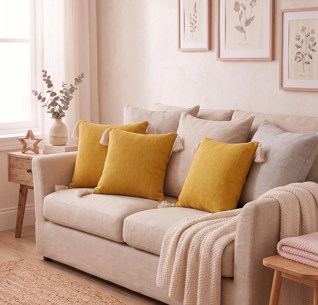 Furnistitchs Solid Boho Cushion Cover 16x16 Inches, Premium Natural Slub Fabric Throw Pillow Case with Tassels for Sofa, Couch, Living Room & Bedroom 40x40 cms, 2 pc - Amber Yellow