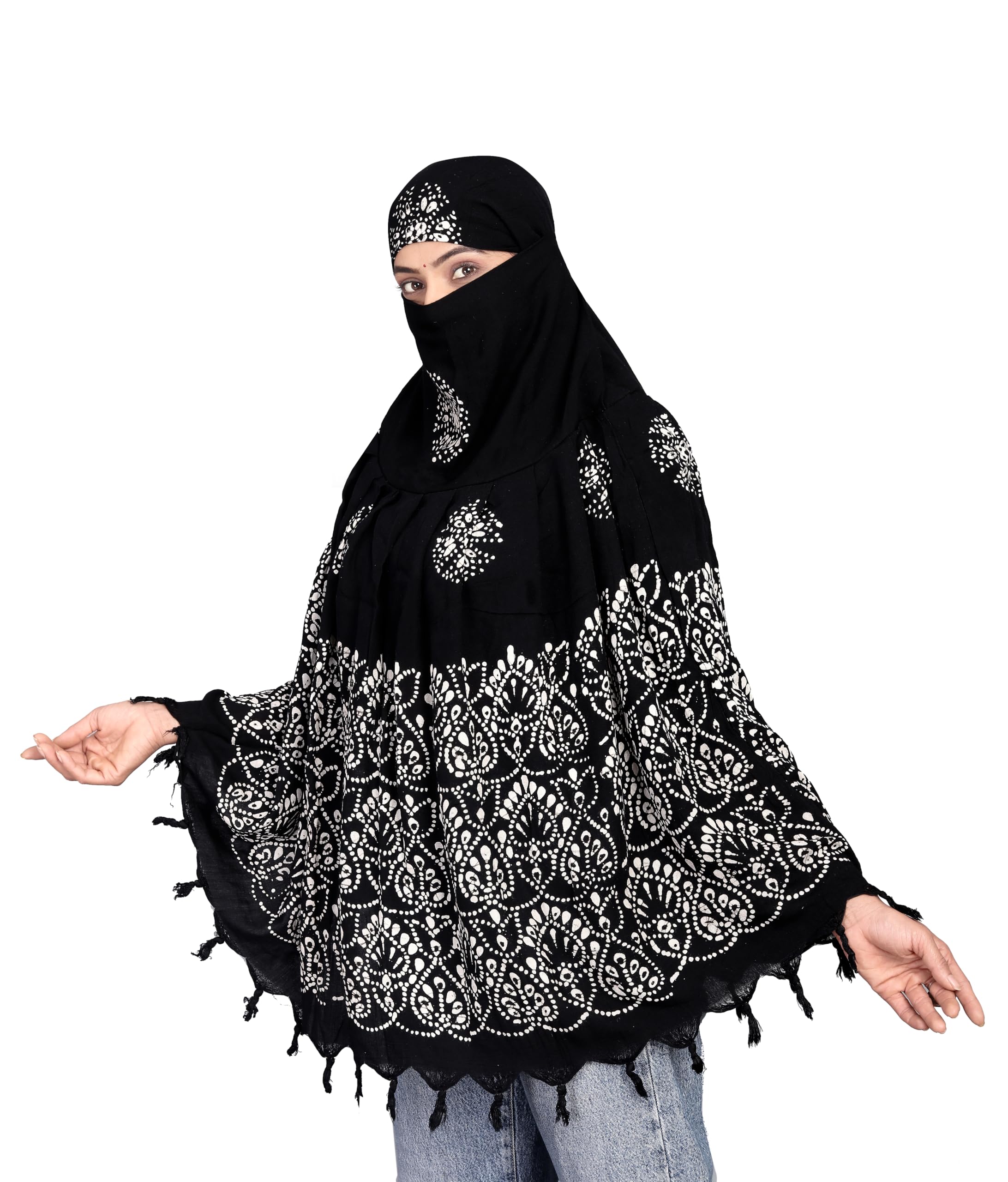 HETVIN Cotton Long Scarf Cum Mask Scarves Usable for Vehicle Driver | White Printed Design Fabric | Universal Size | Soft & Breathable Sun Protection | For Girl & Women (Wax Batik - Black)