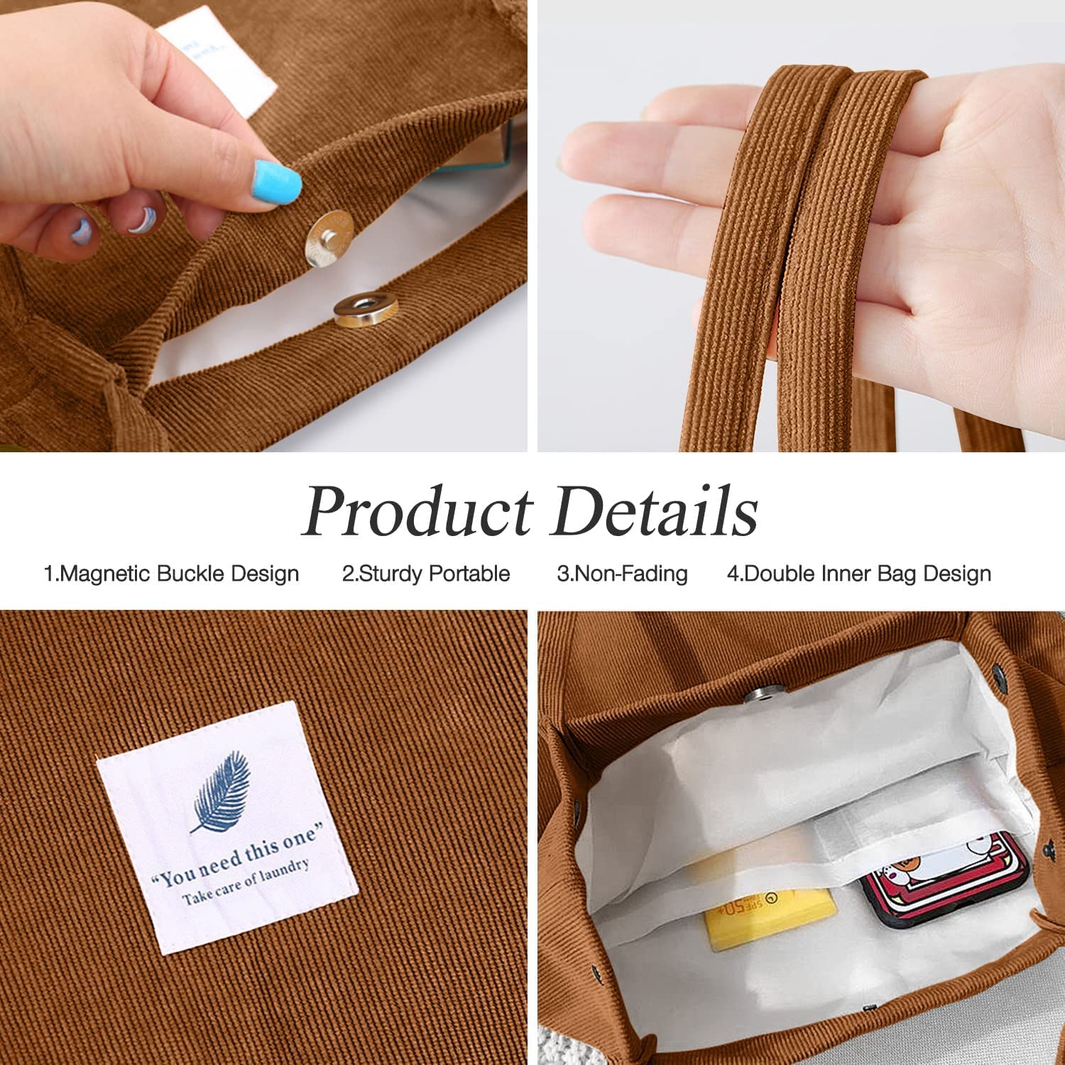 Street27 Korean Canvas Corduroy Womens Tote Bag Casual Work Shoulder Handbags, Multi-Purpose Bag, Sturdy Canvas Bag With Large Capacity, Shopping Bag For Office, College & Daily Use (Brown)