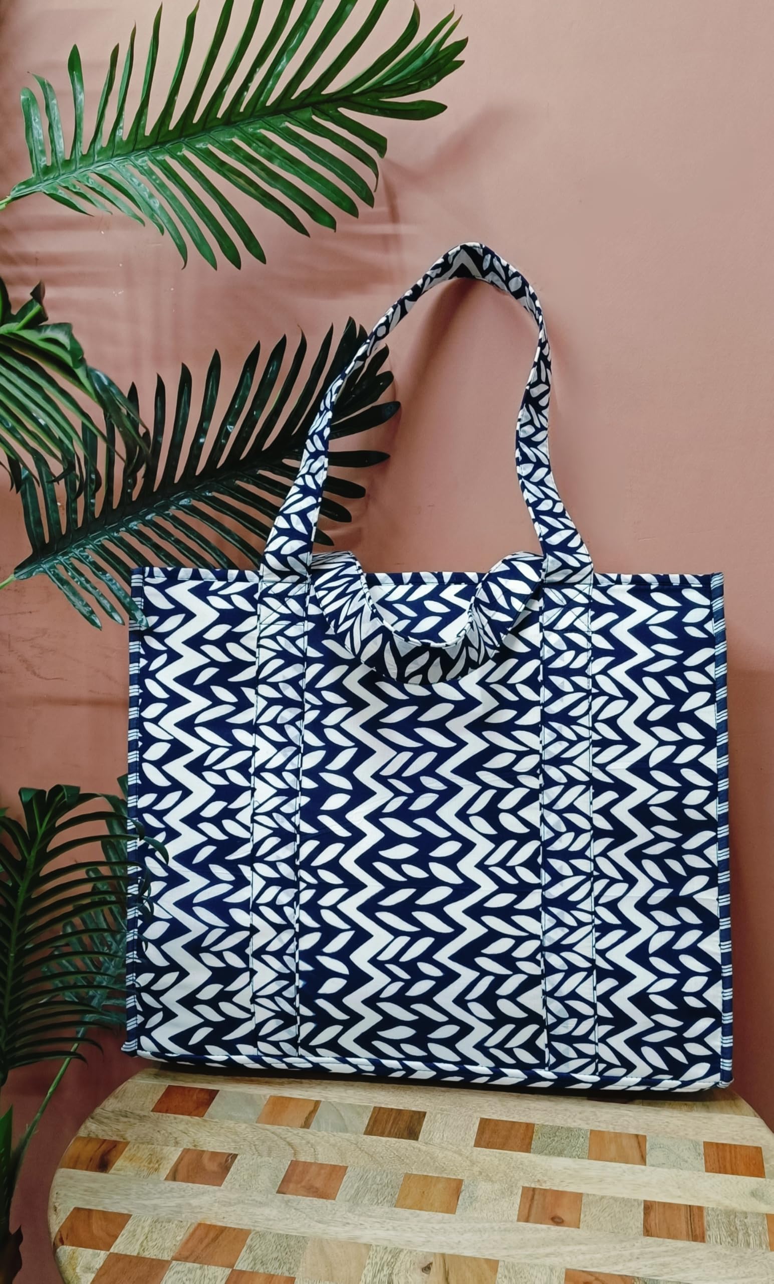 HOUSE OF GULAB Cotton Tote Bag Reusable Shopping Bag Printed Cloth Carry Bag with Long Handle Eco Friendly Grocery Storage Travel Bag for Men & Women 15x18 Inch (Blue & White)