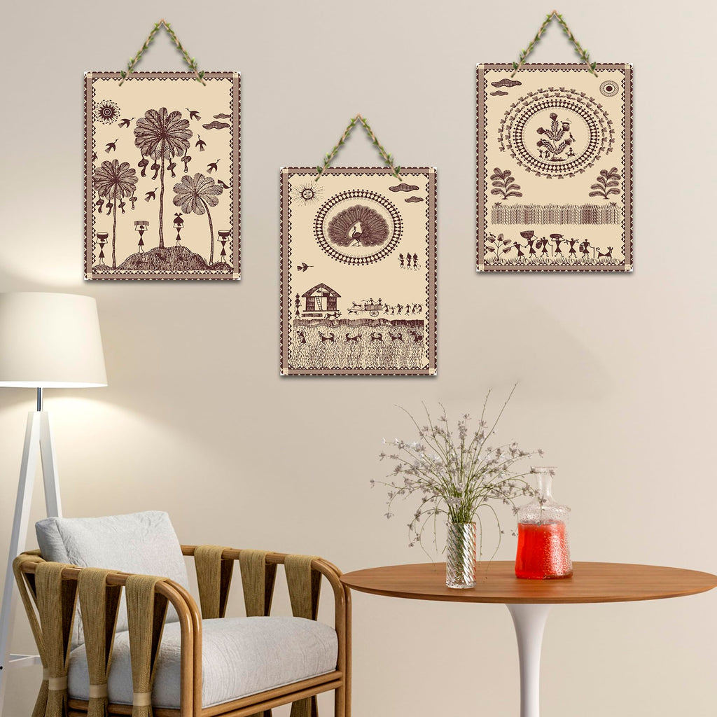 Artvibes Warli Village Life Home Decorative Wall Art MDF Wooden Wall Hanger for Living Room | Art For Wall | Wall Sculpture | Signs & Plaques | Aesthetic Wooden Decor | Gift Items (WH_9626N), Set of 3