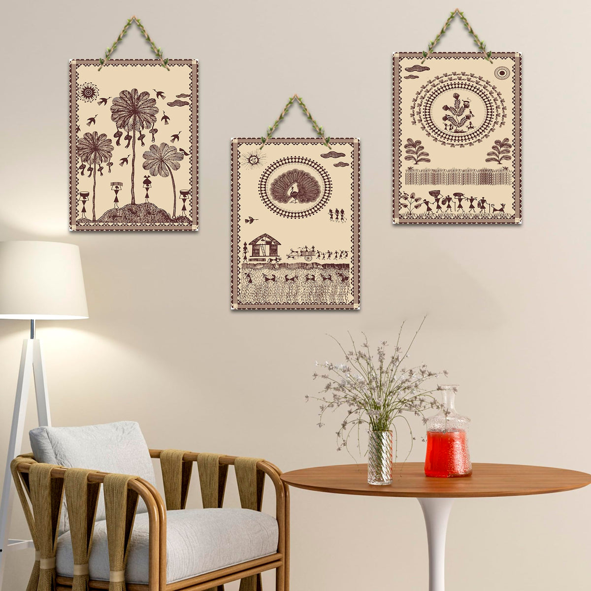 Artvibes Warli Village Life Home Decorative Wall Art MDF Wooden Wall Hanger for Living Room | Art For Wall | Wall Sculpture | Signs & Plaques | Aesthetic Wooden Decor | Gift Items (WH_9626N), Set of 3