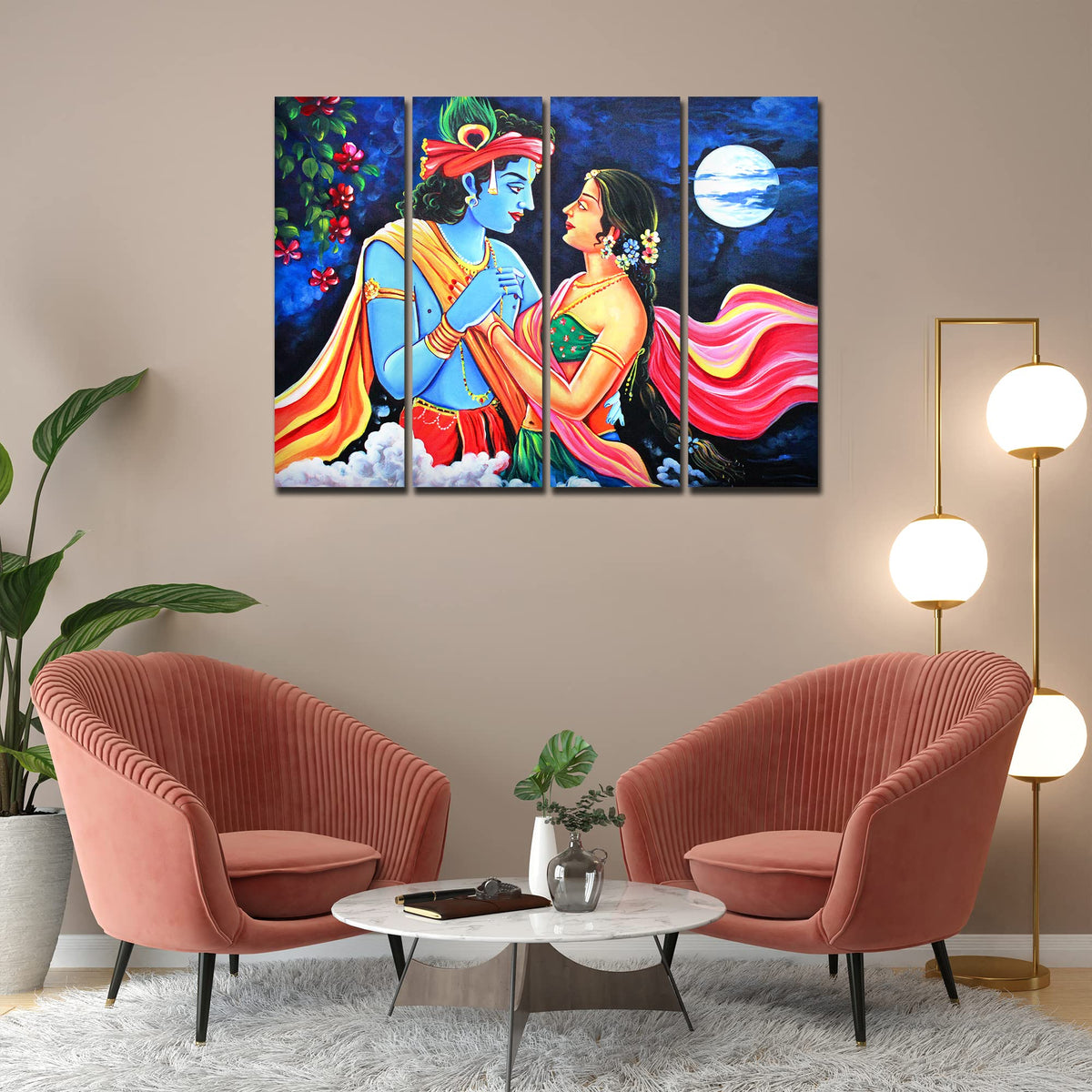 VIBECRAFTS 4 Pieces Shree Radha Krishna Canvas Wall Painting Fitted With Wooden Frame For Home | Office | Living Room | Gift(PTVC4Pcs1_13515)