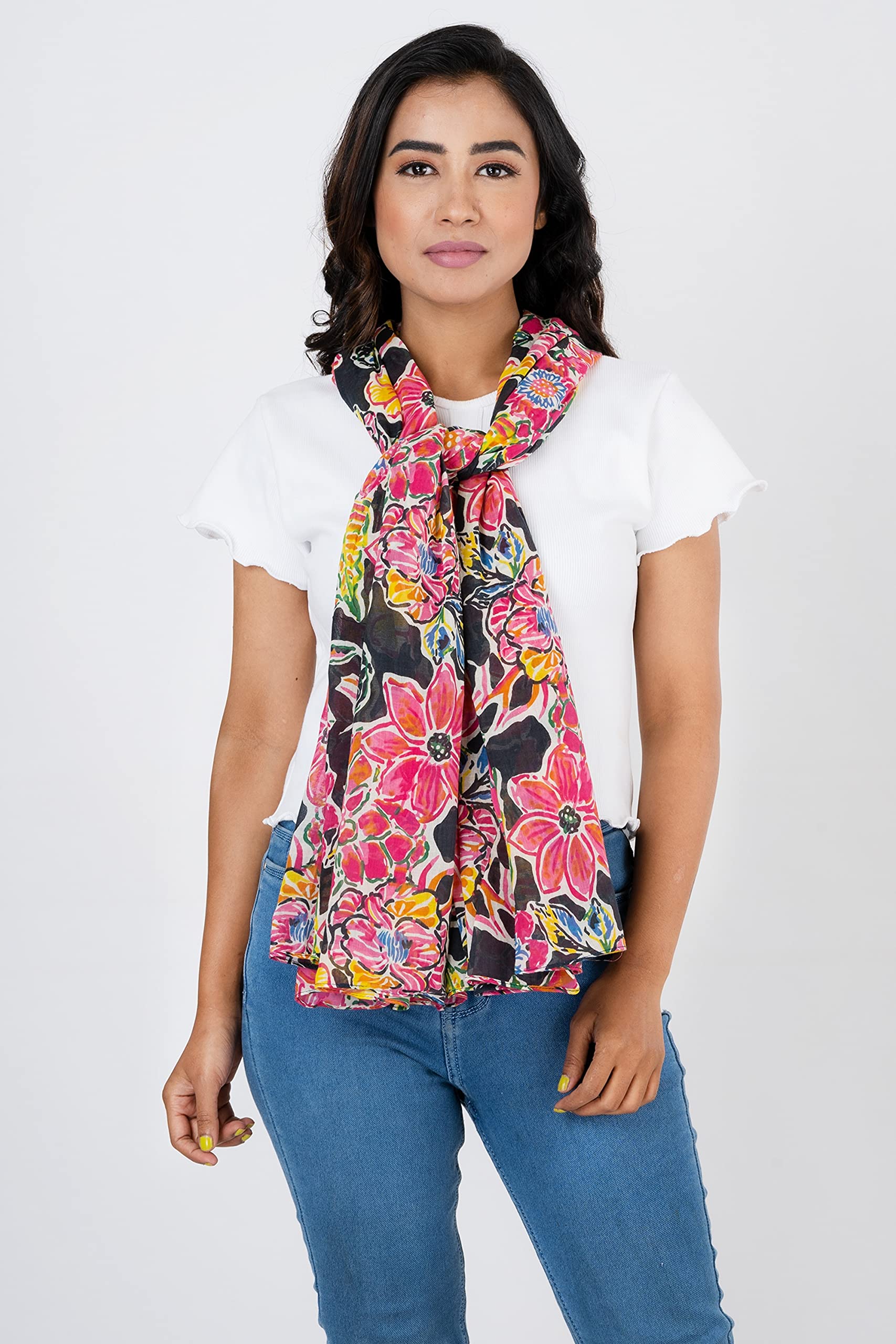 AQVA Printed Cotton Scarf for Women Stylish (Guldasta Charcoal) | Head and Face Cover Scarf for Girls with 100% Cotton | Soft & Lightweight Scarves/Stoles for all Weather (72 x 43 in)