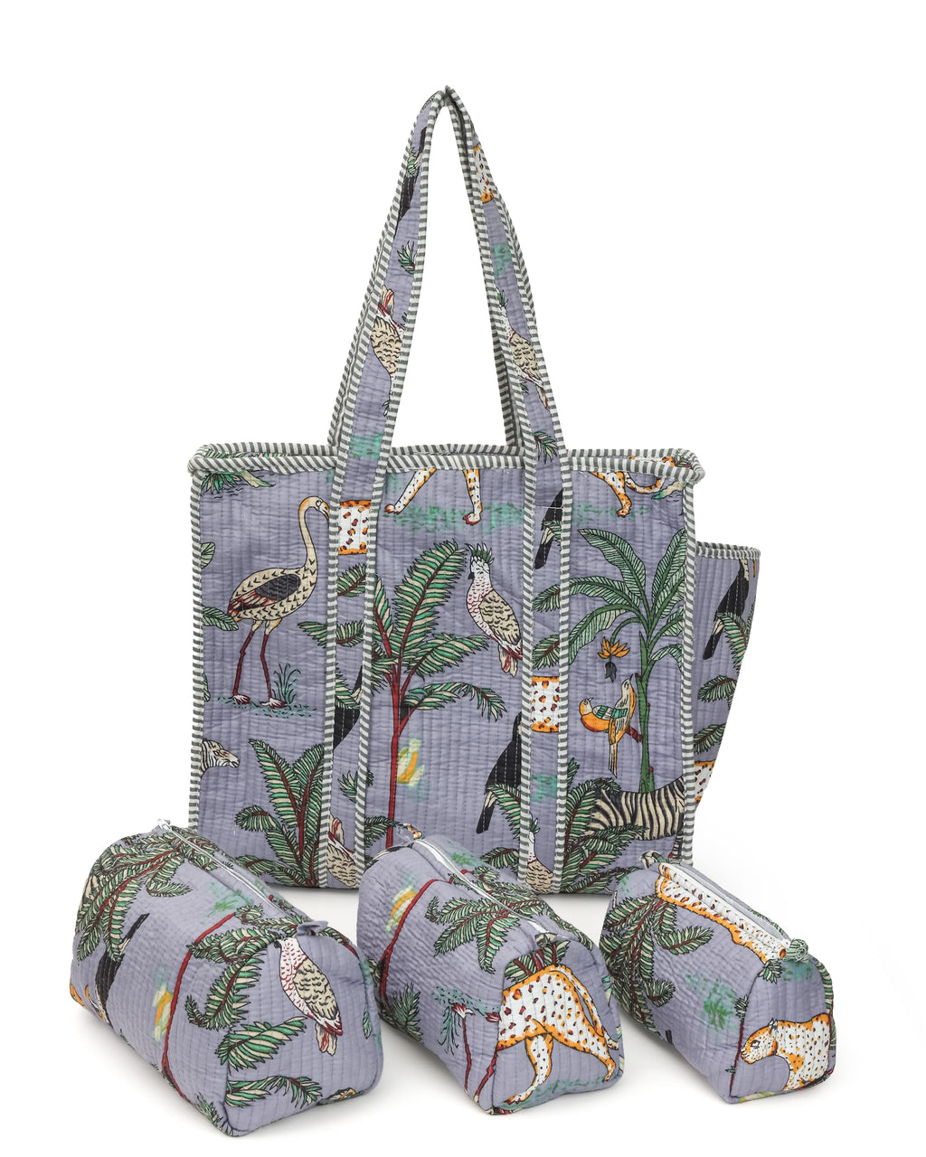 NIKAVIK 1 Tote Bags and 3 Pouch Quilted fabric Handblock Printed Tote Bag(with zip) and bottle compartment with Matching Pouches (Grey)