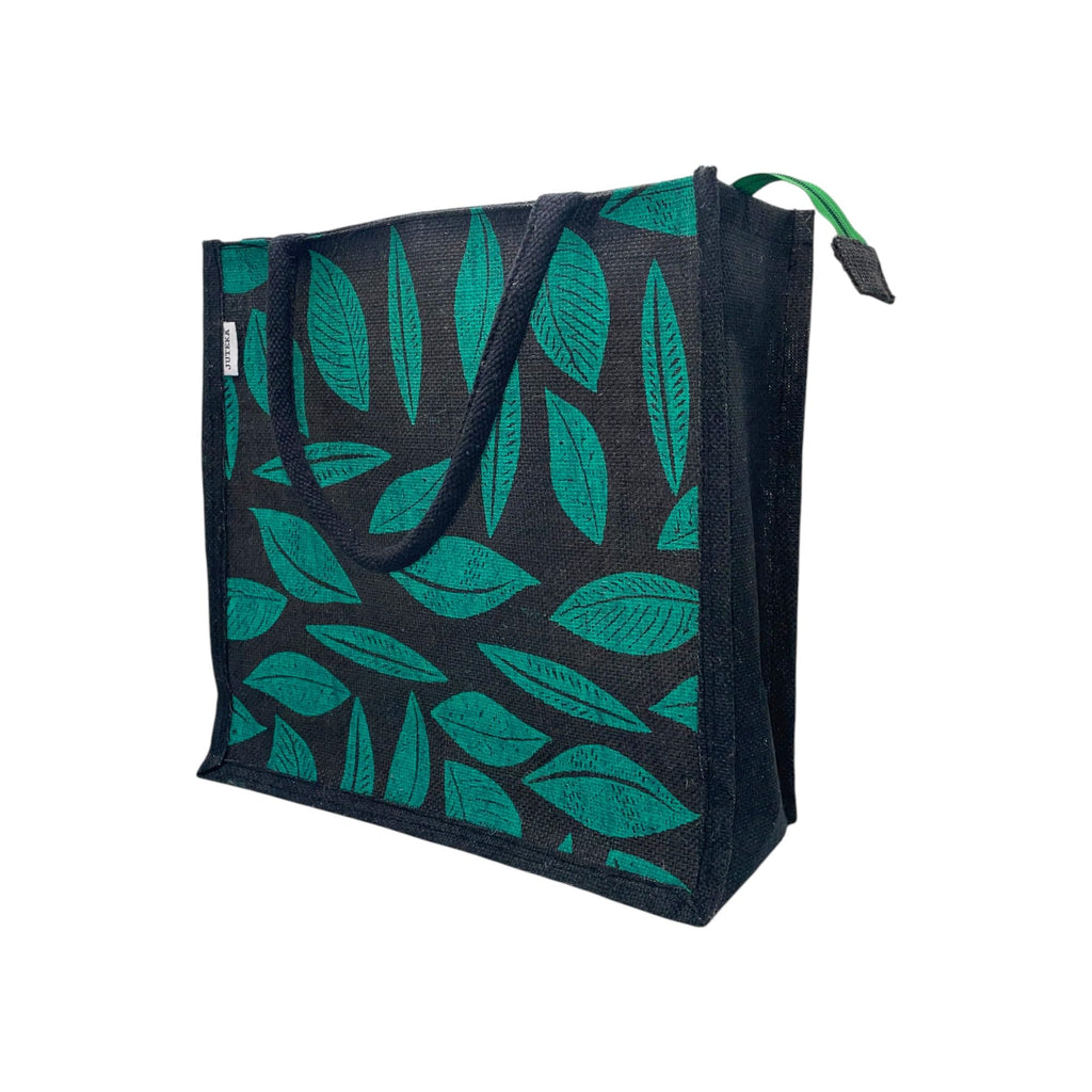 JUTEKA Printed Lunch, Office, Grocery, Picnic, Tote, Tiffin, Shopping, Jute Bag with Padded Cotton Handles (Black and Green)