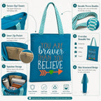 cantainoo Tote Bags | 300 GSM Canvas Tote Bag for Women | Tote Bags for Women | College, Shopping, Office & Everyday Carry Bag (Brave & Believe-Skyblue, Medium Pack of 1)