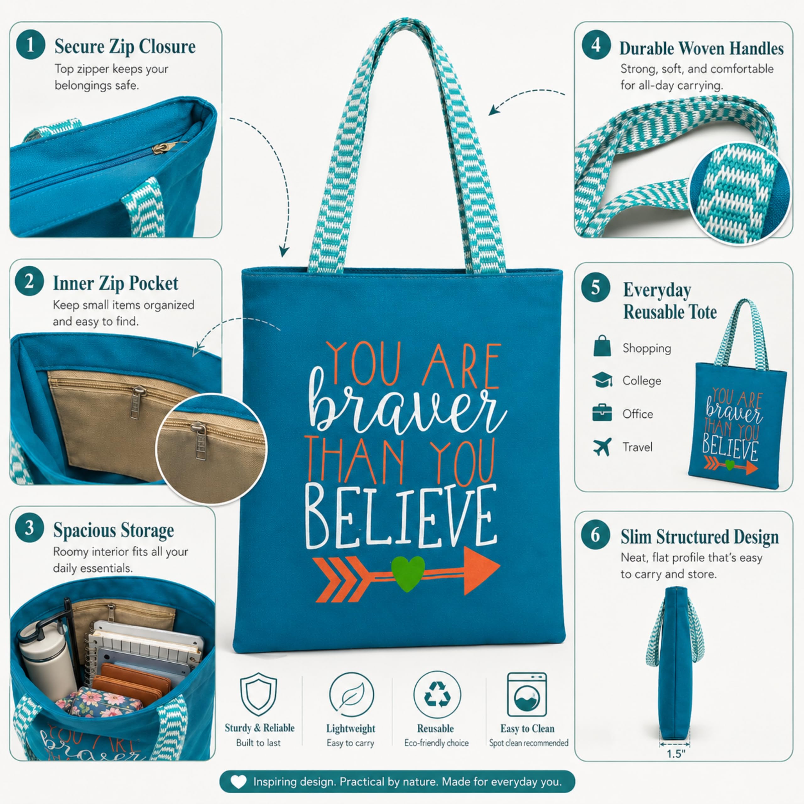 cantainoo Tote Bags | 300 GSM Canvas Tote Bag for Women | Tote Bags for Women | College, Shopping, Office & Everyday Carry Bag (Brave & Believe-Skyblue, Medium Pack of 1)