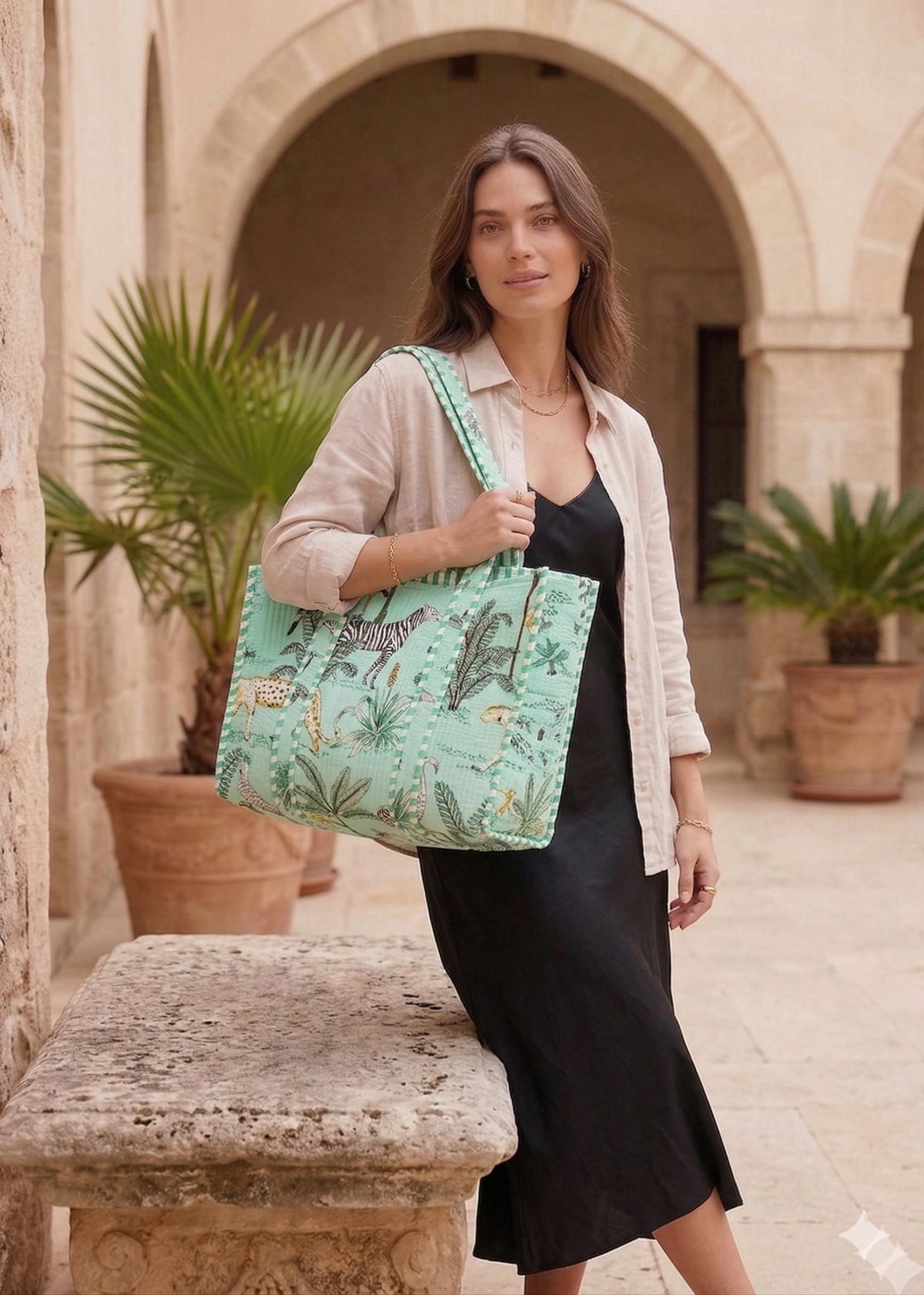 Rastogi Handicrafts Quilted Cotton Women Beautiful Printed Grocery Shopping Bag, Shoulder Bag, Tote Bag, Travel Bags, Green, 18X6X15 Inch