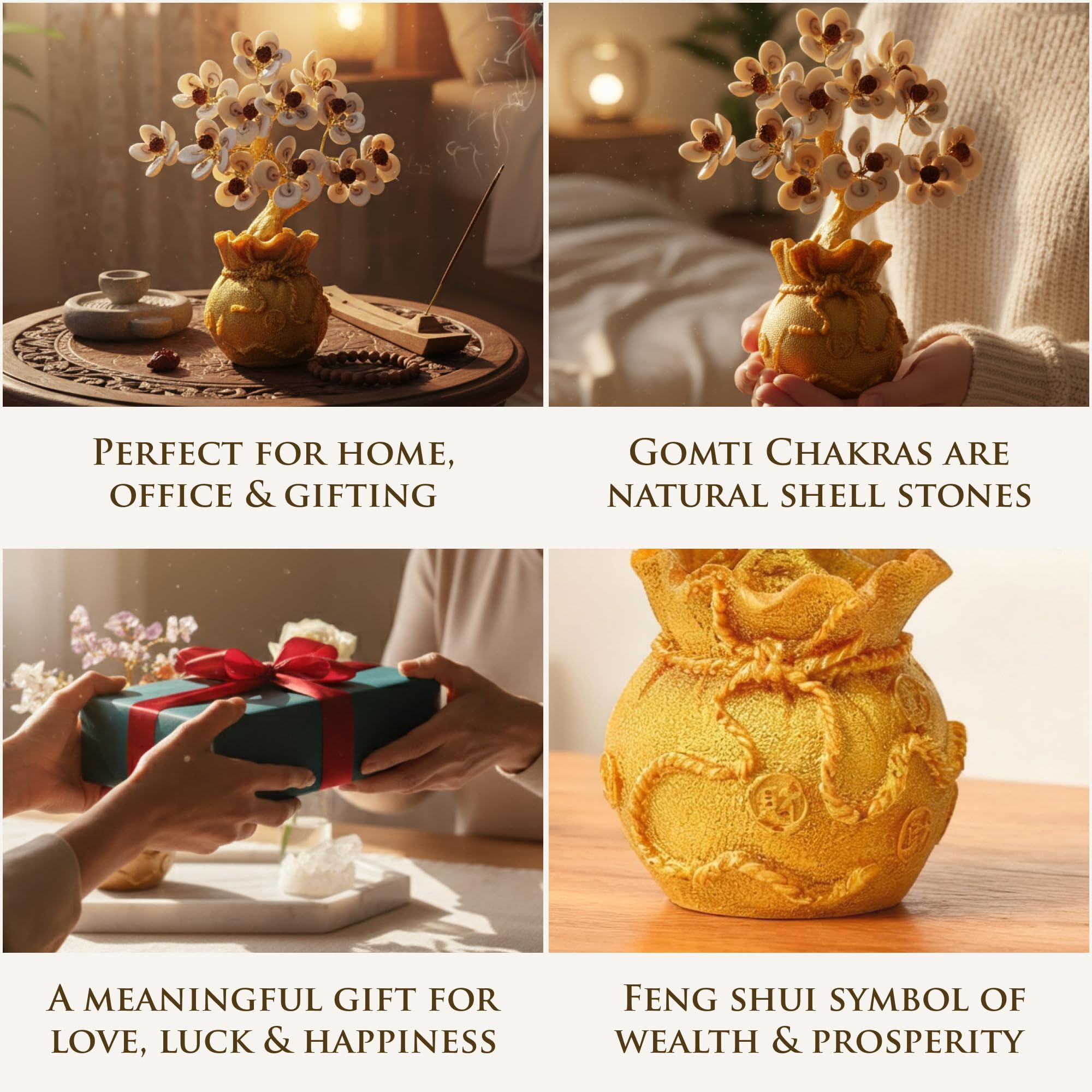 Fourteen Crystals Gomti Chakra Crystal Bonsai Tree with Golden Pot| Handmade Feng Shui Tree for Love, Harmony & Healing | Home Decorative Item - Showpiece Good Luck Gift